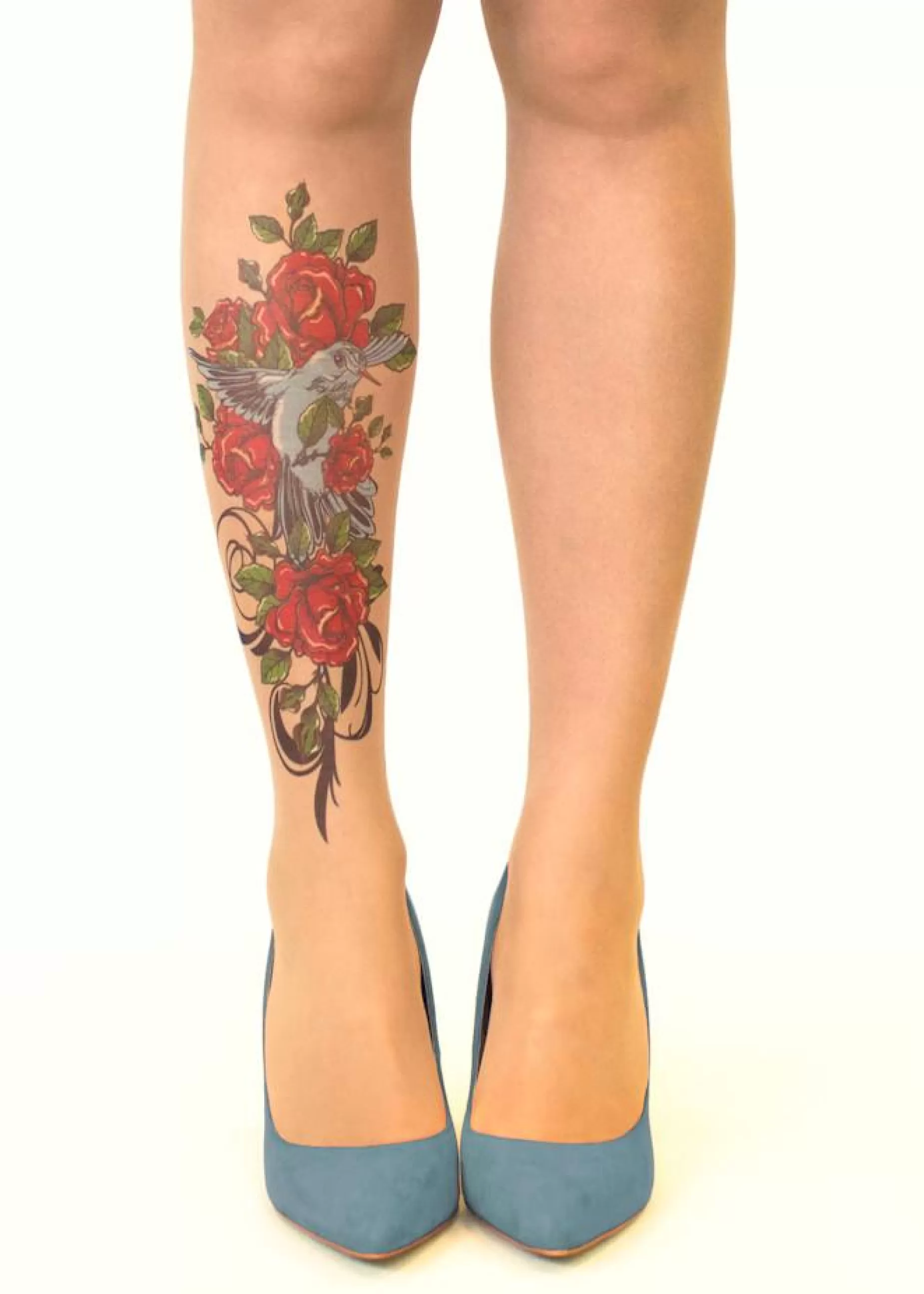 Animal Print Tights | Stop & Stare Bird N' Roses Tattoo Tights By Sun: Medium Tan With Peachy Brown Tones For A Healthy Sun Tan Effect