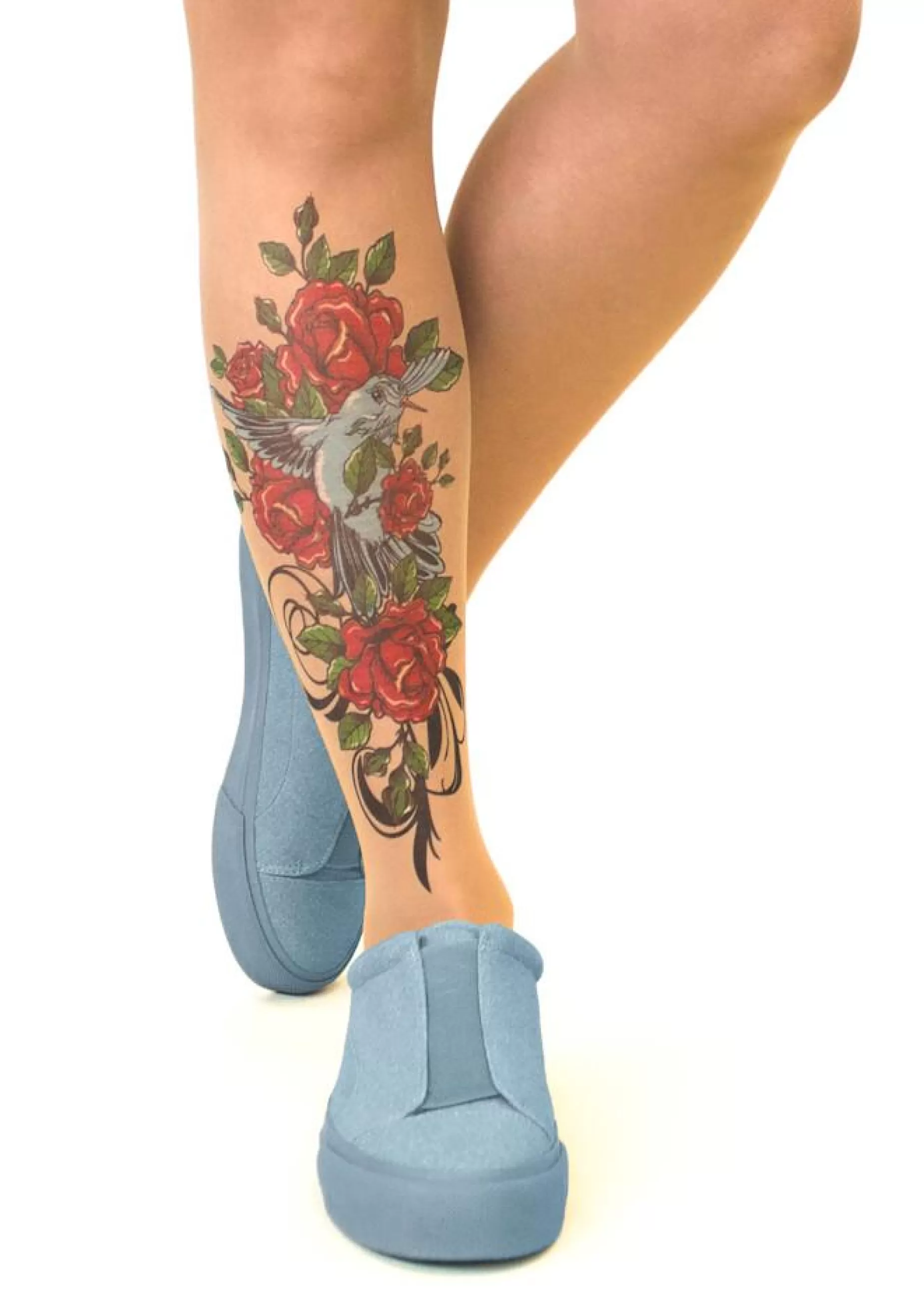 Animal Print Tights | Stop & Stare Bird N' Roses Tattoo Tights By Sun: Medium Tan With Peachy Brown Tones For A Healthy Sun Tan Effect