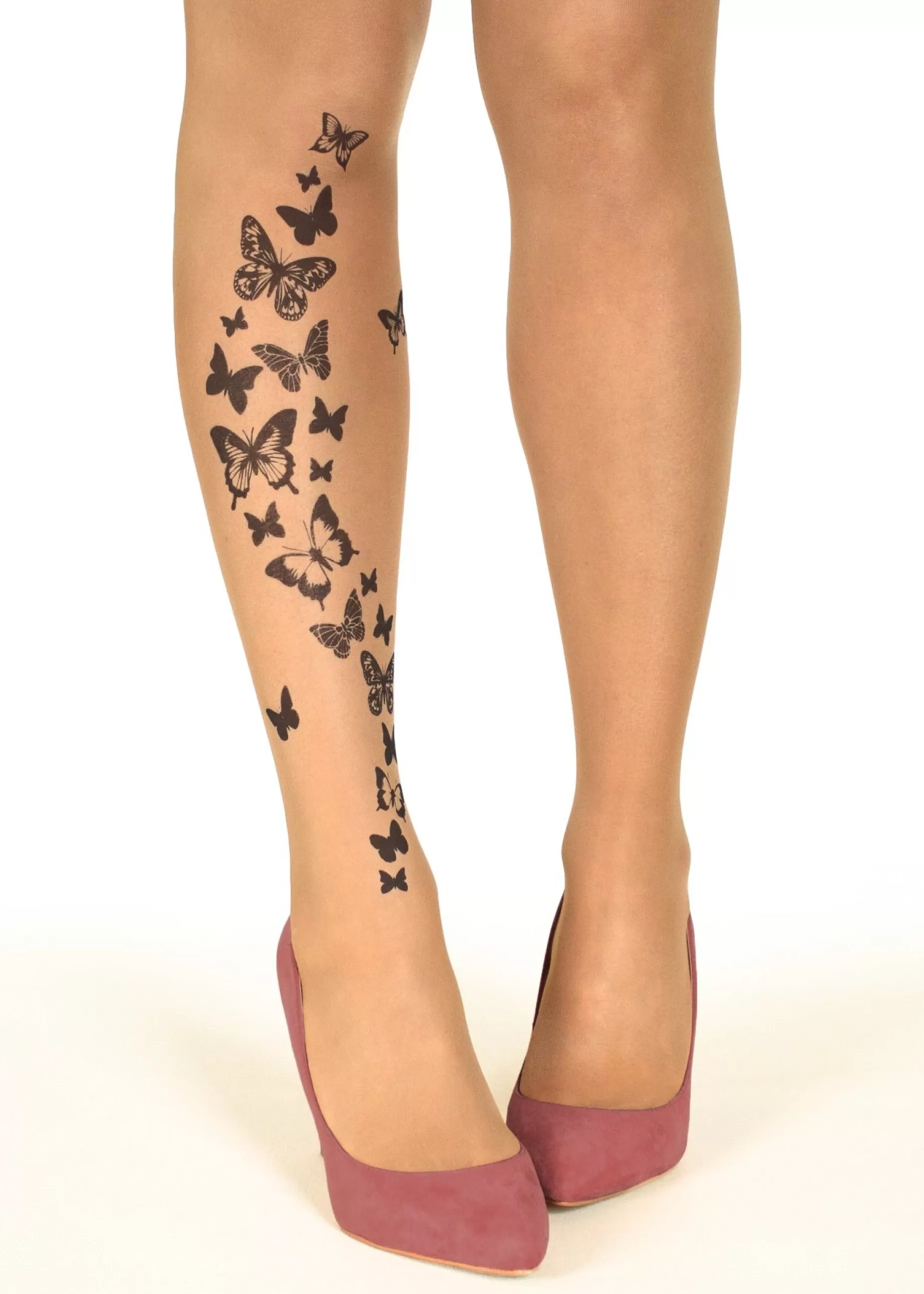 Animal Print Tights | Stop & Stare Black Butterflies Tattoo Tights By Sun: Medium Tan With Peachy Brown Tones For A Healthy Sun Tan Effect