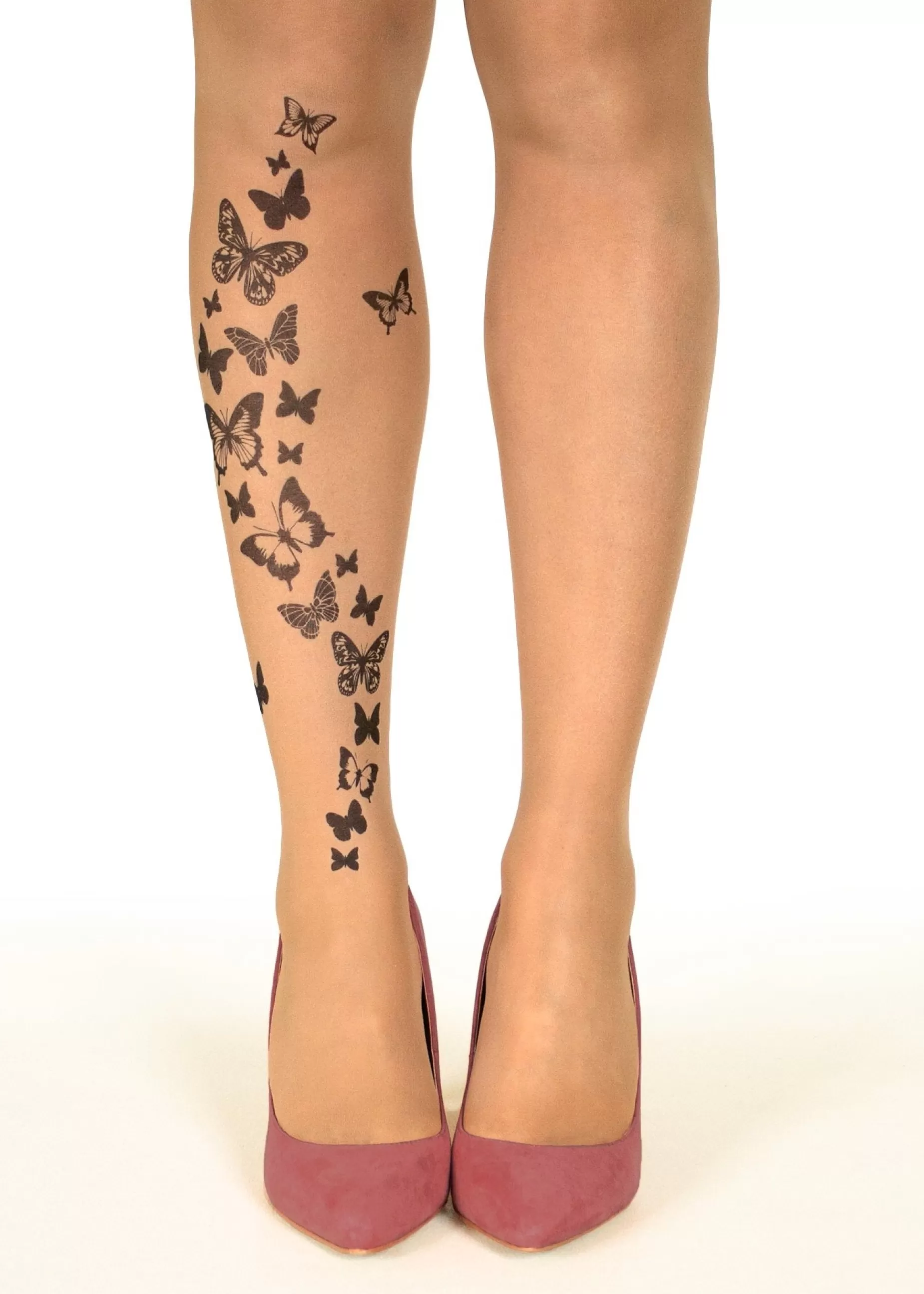 Animal Print Tights | Stop & Stare Black Butterflies Tattoo Tights By Sun: Medium Tan With Peachy Brown Tones For A Healthy Sun Tan Effect