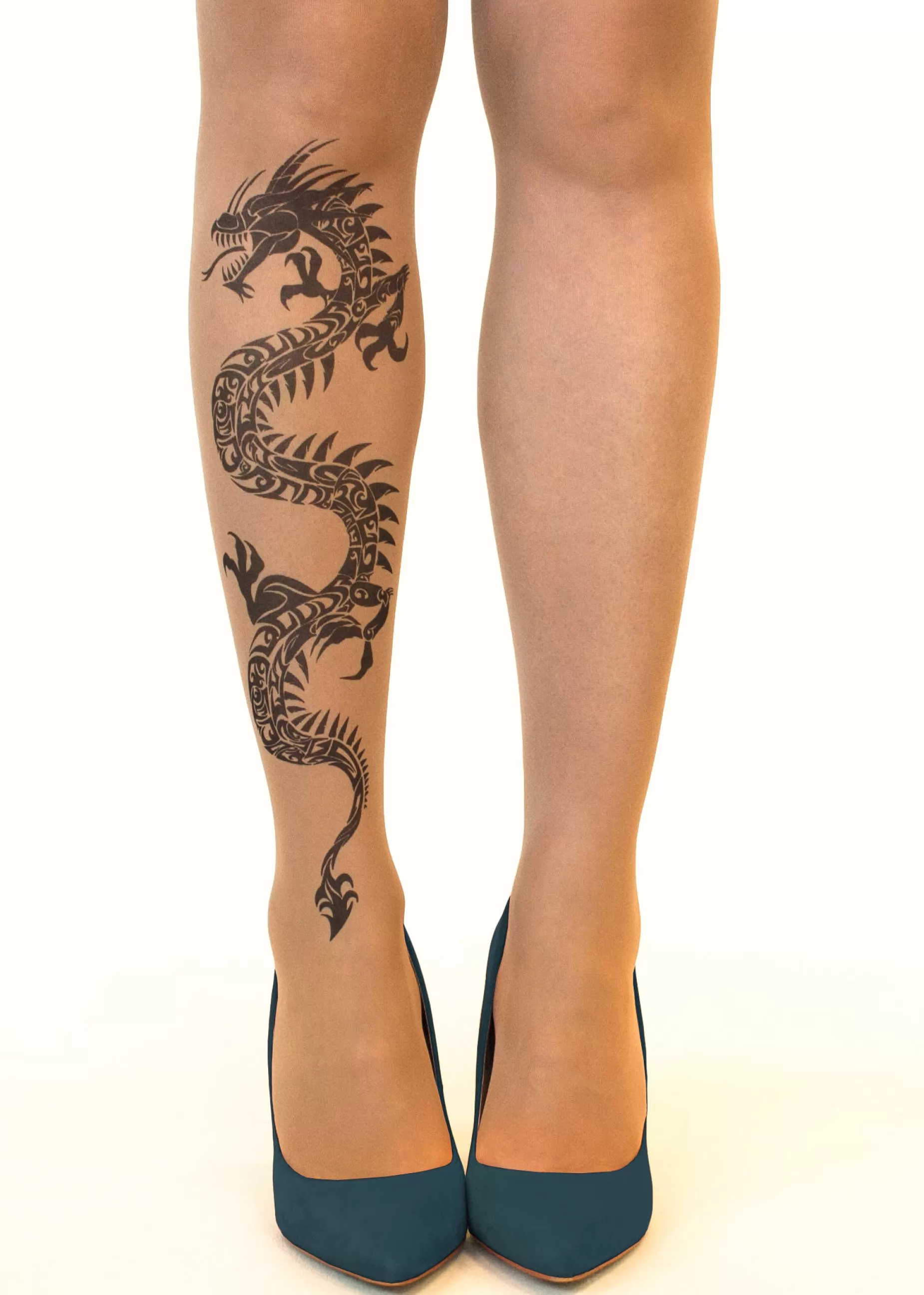 Animal Print Tights | Stop & Stare Black Dragon Tattoo Tights By Sun: Medium Tan With Peachy Brown Tones For A Healthy Sun Tan Effect