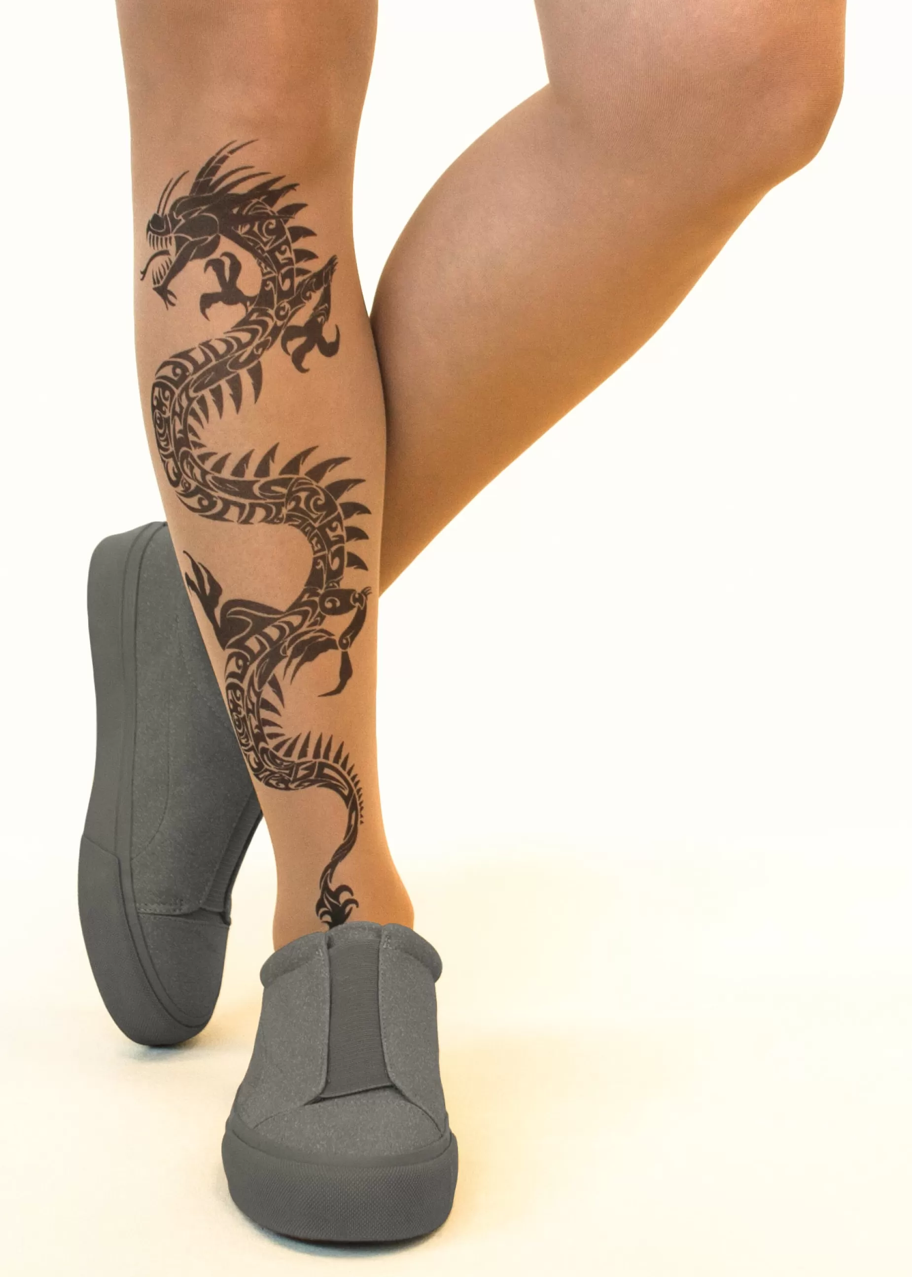 Animal Print Tights | Stop & Stare Black Dragon Tattoo Tights By Sun: Medium Tan With Peachy Brown Tones For A Healthy Sun Tan Effect