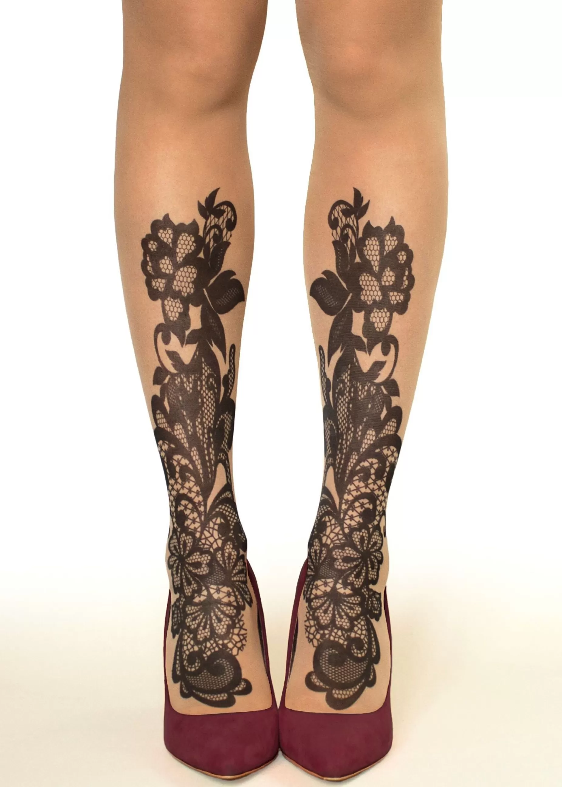 Tattoo Tights | Stop & Stare Black Lace Tattoo Tights By Sun: Medium Tan With Peachy Brown Tones For A Healthy Sun Tan Effect
