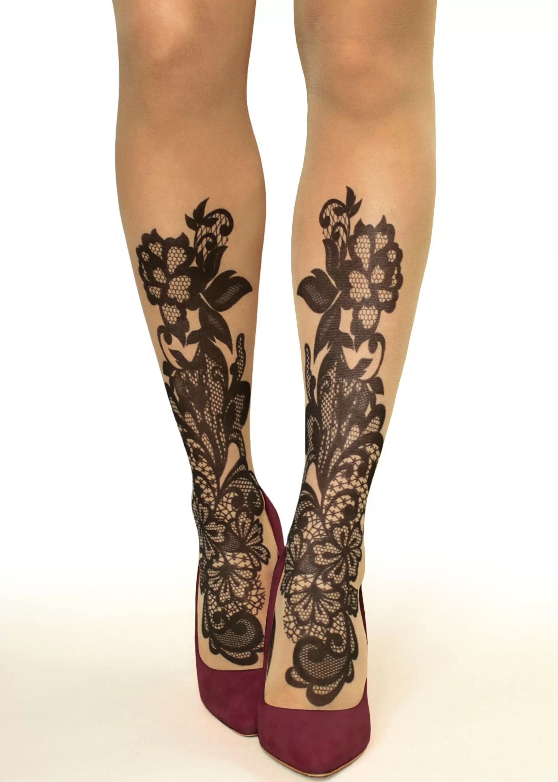 Tattoo Tights | Stop & Stare Black Lace Tattoo Tights By Sun: Medium Tan With Peachy Brown Tones For A Healthy Sun Tan Effect