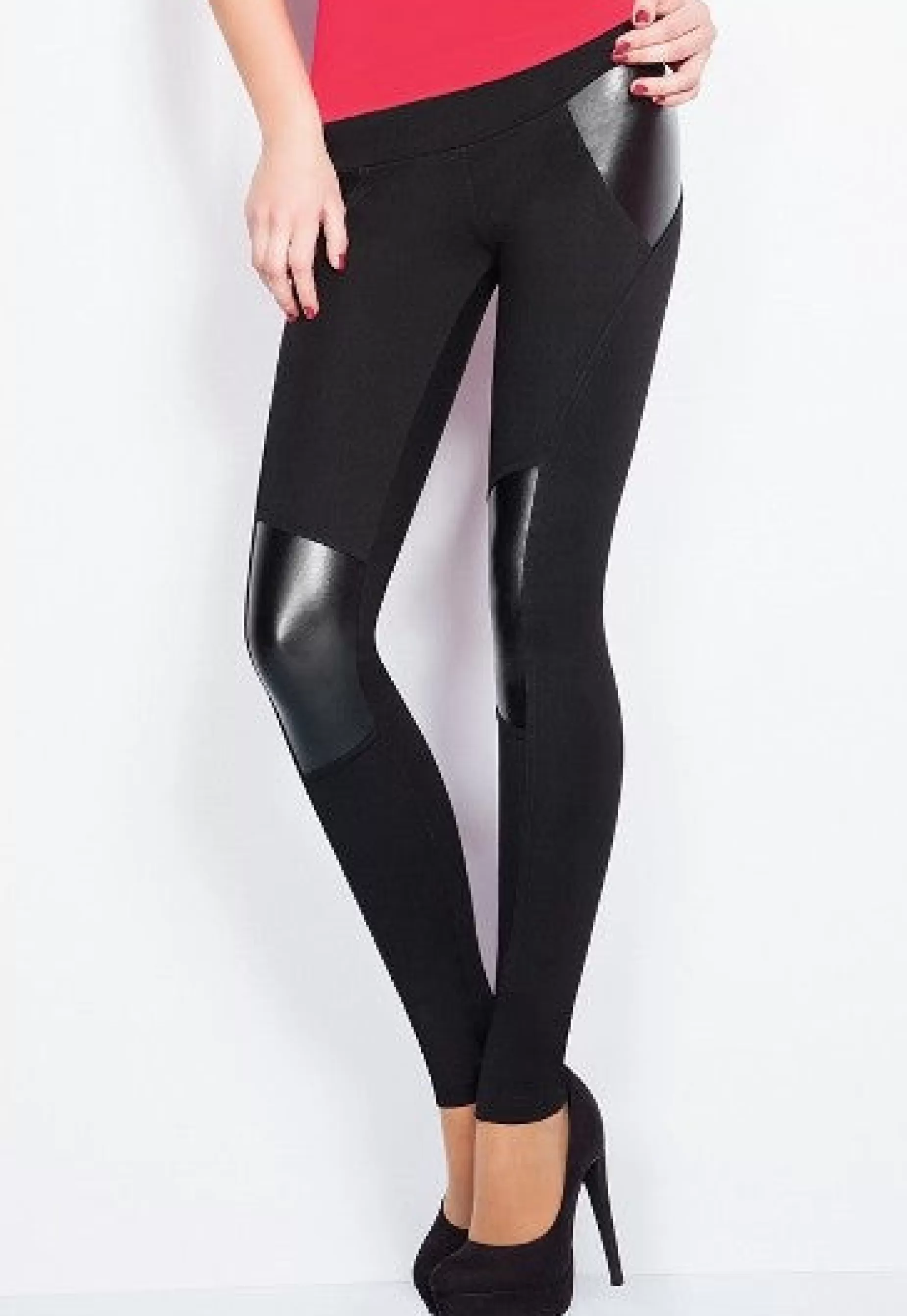Treggings | Giulia Black Leggings With Leather Look Inserts & Knee Panels Nero: Black