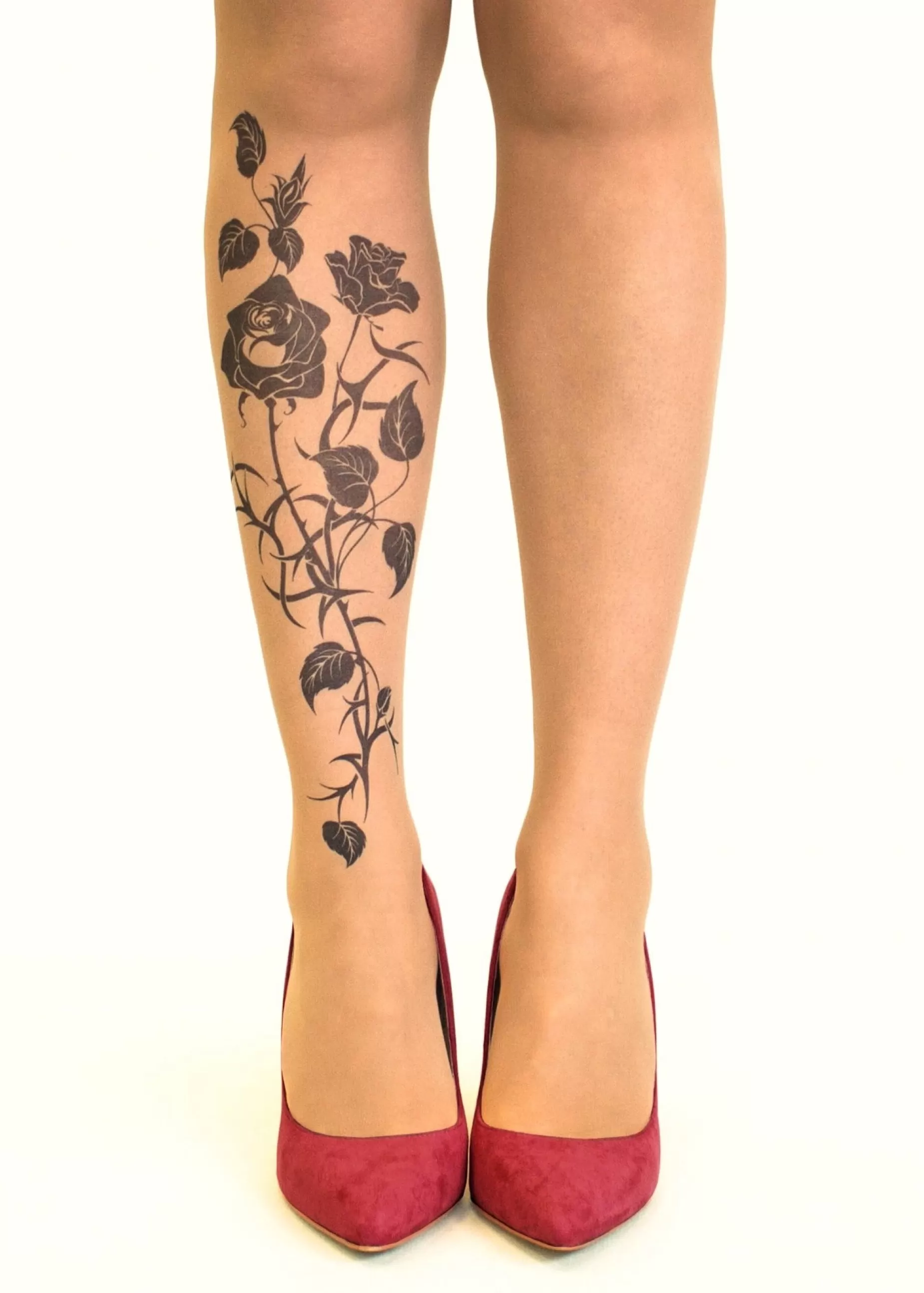 Tattoo Tights | Stop & Stare Black Roses Flower Tattoo Tights By Sun: Medium Tan With Peachy Brown Tones For A Healthy Sun Tan Effect