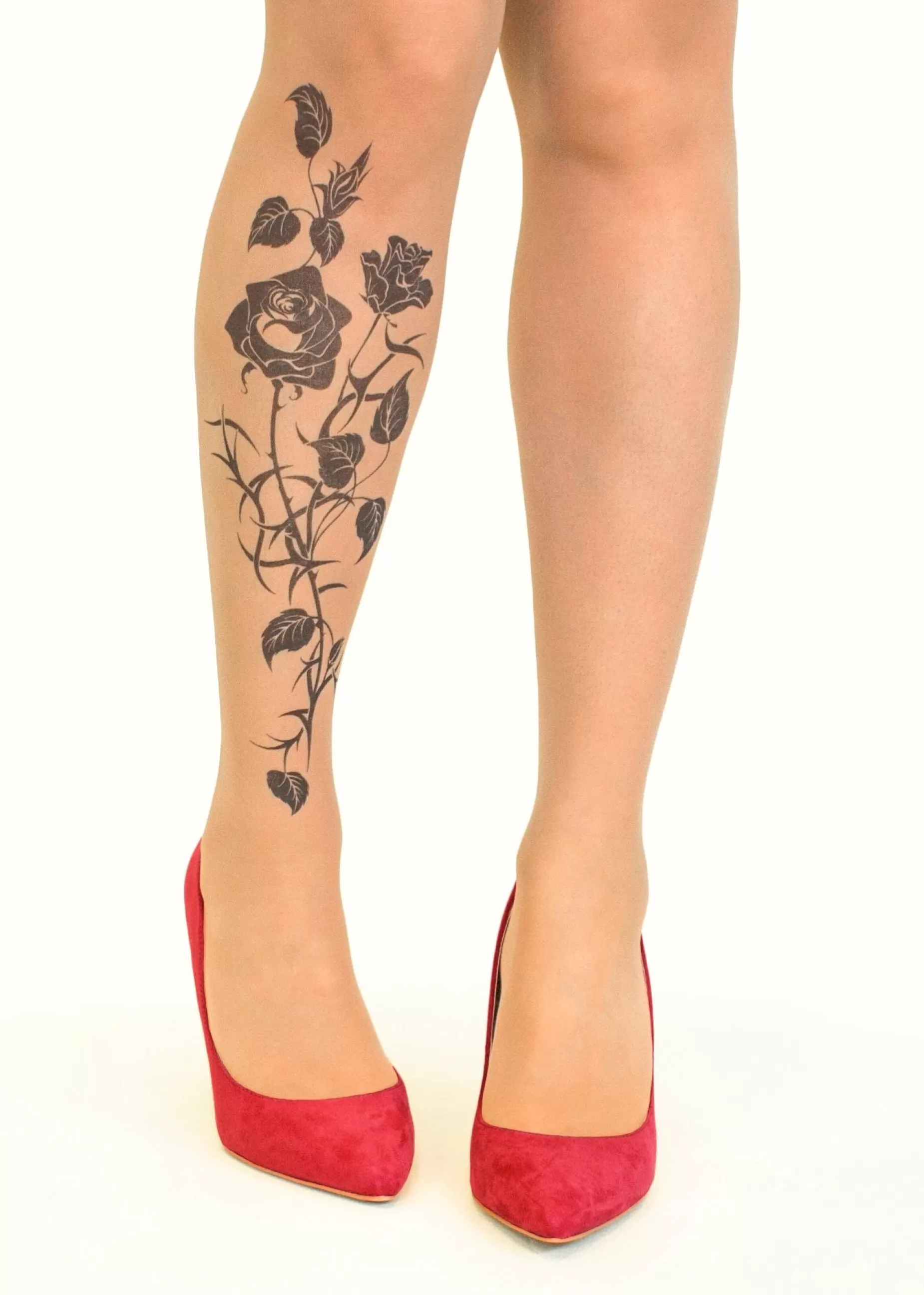 Tattoo Tights | Stop & Stare Black Roses Flower Tattoo Tights By Sun: Medium Tan With Peachy Brown Tones For A Healthy Sun Tan Effect