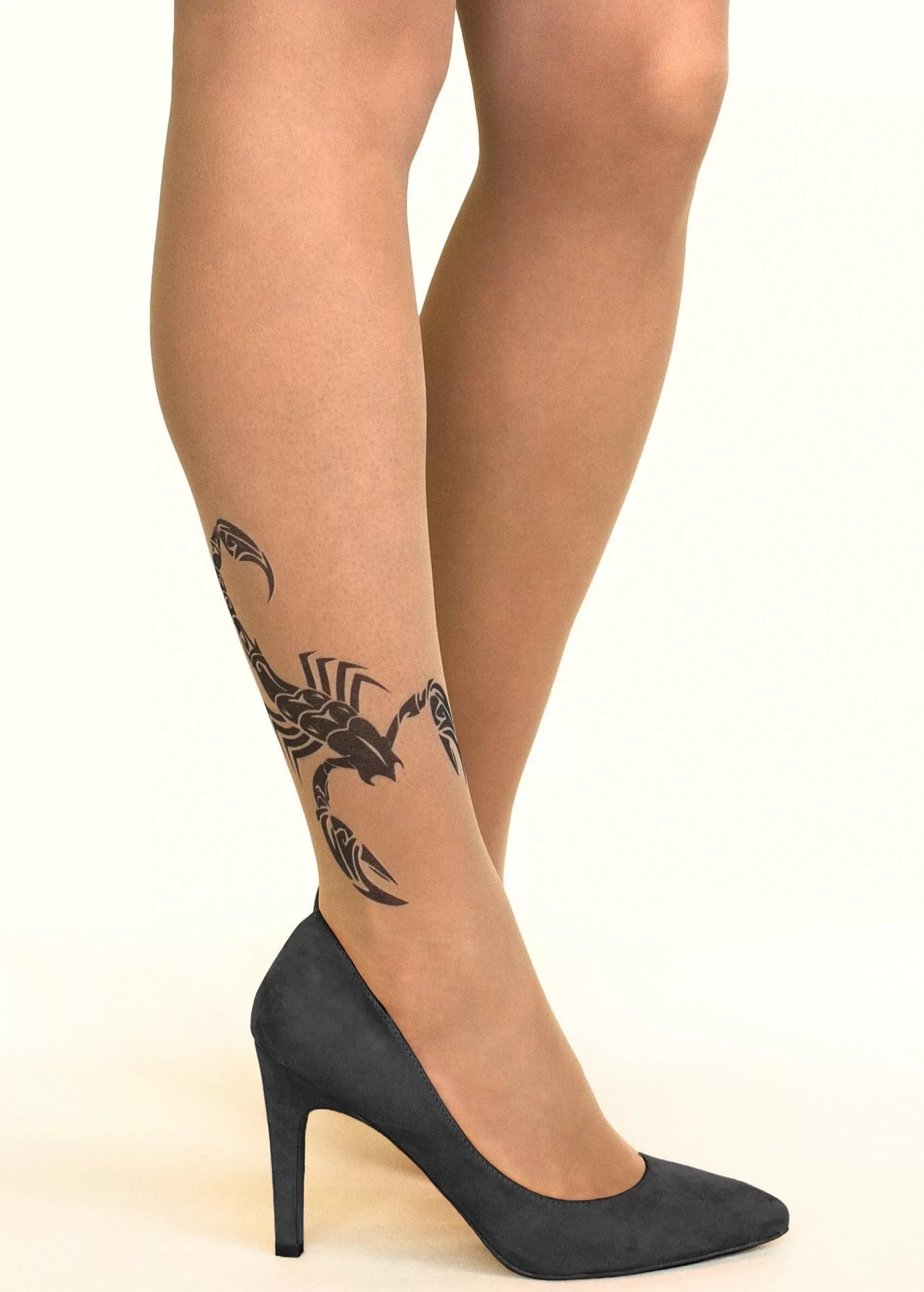 Patterned Tights | Stop & Stare Black Scorpion Tattoo Tights By Sun: Medium Tan With Peachy Brown Tones For A Healthy Sun Tan Effect