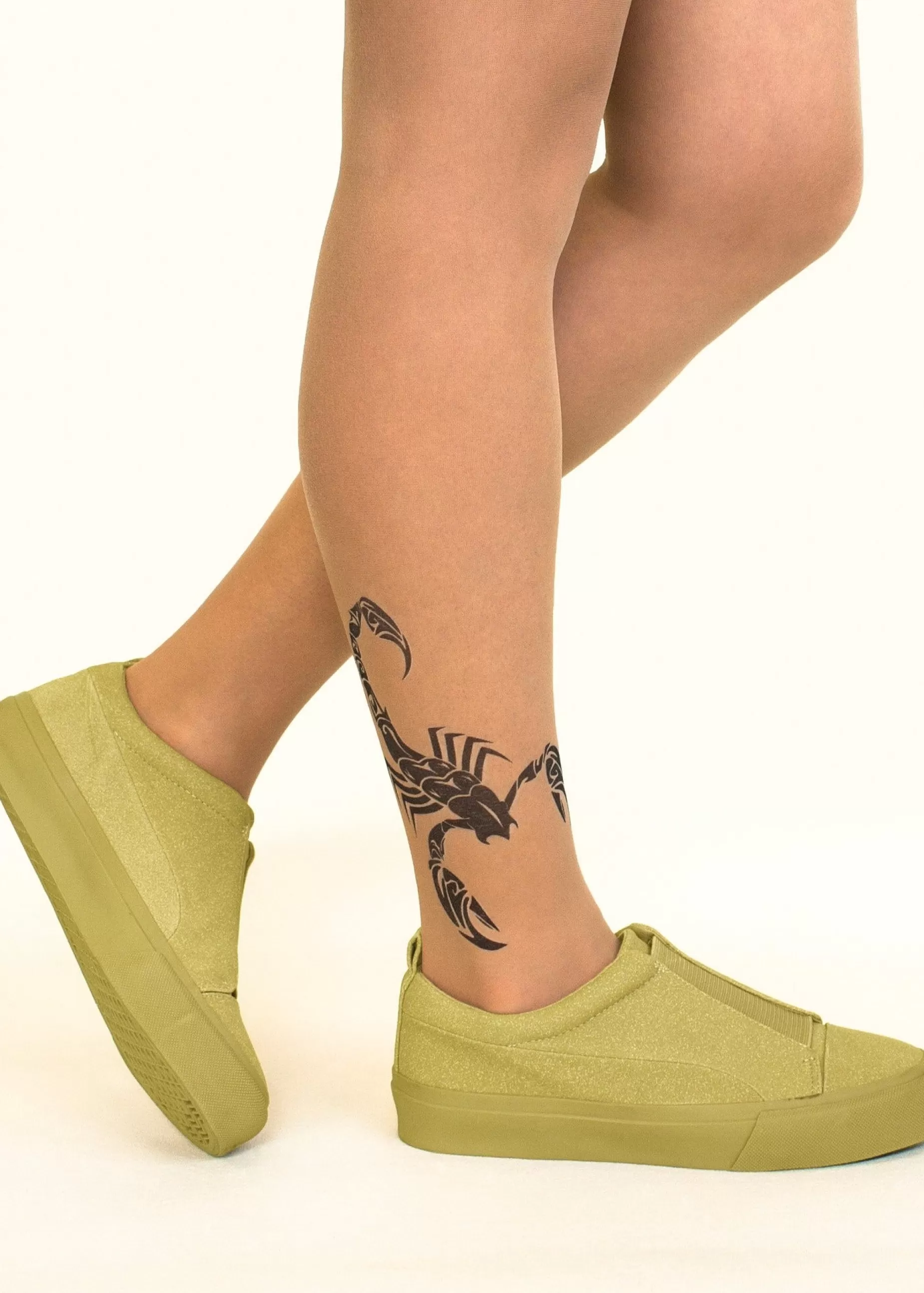 Patterned Tights | Stop & Stare Black Scorpion Tattoo Tights By Sun: Medium Tan With Peachy Brown Tones For A Healthy Sun Tan Effect