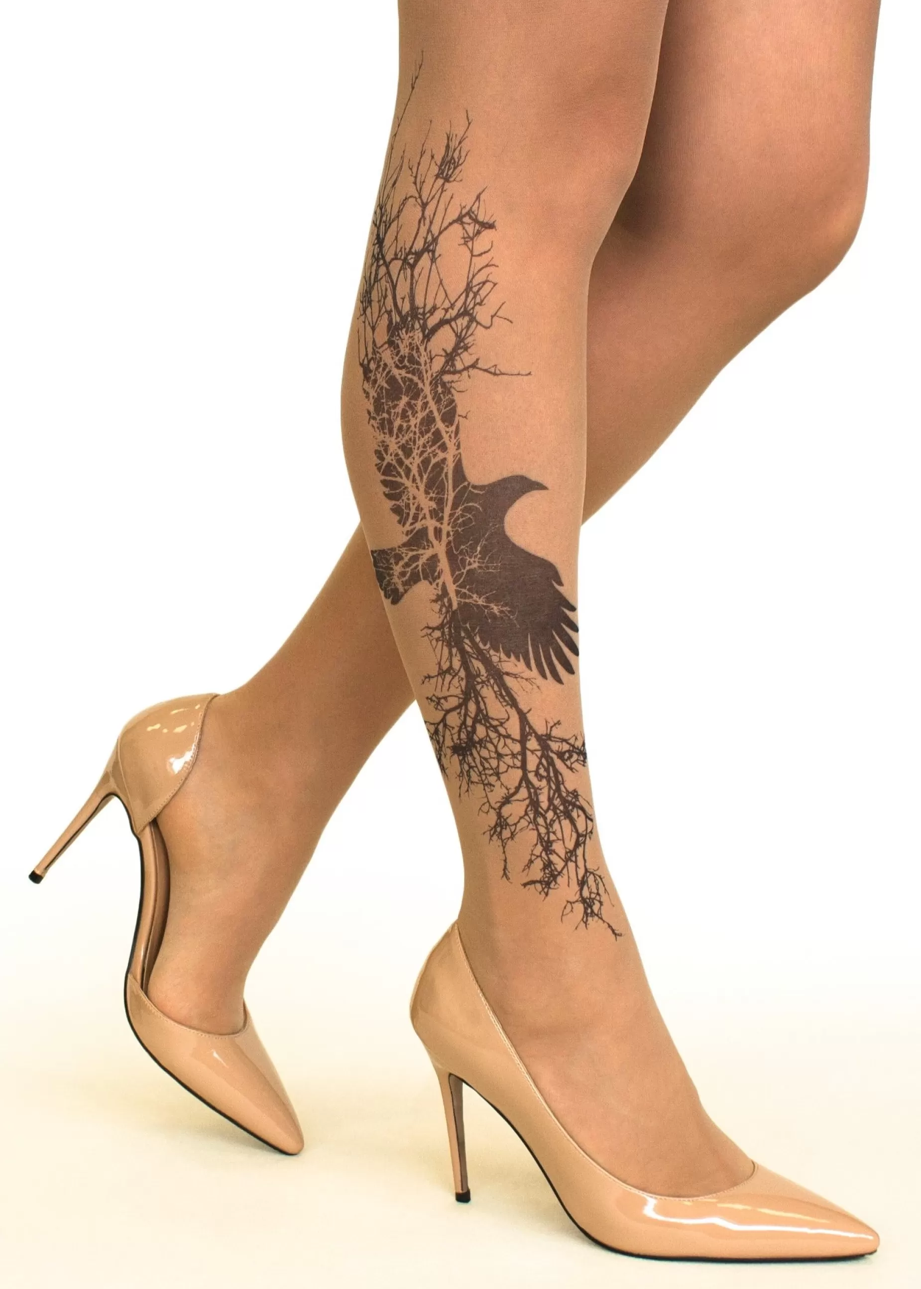 Animal Print Tights | Stop & Stare Branching Crow Tattoo Tights By Sun: Medium Tan With Peachy Brown Tones For A Healthy Sun Tan Effect