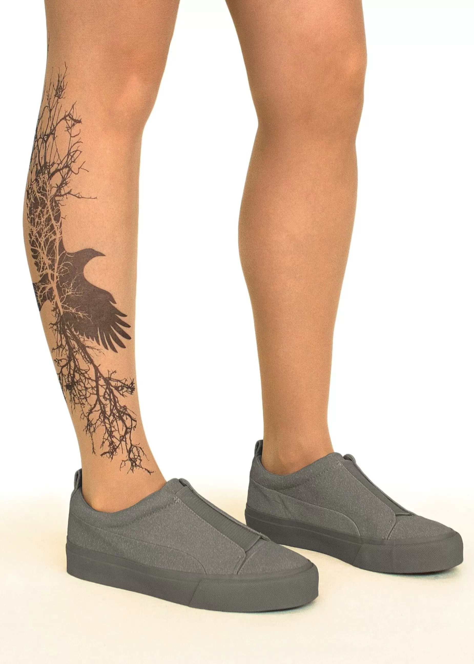 Animal Print Tights | Stop & Stare Branching Crow Tattoo Tights By Sun: Medium Tan With Peachy Brown Tones For A Healthy Sun Tan Effect