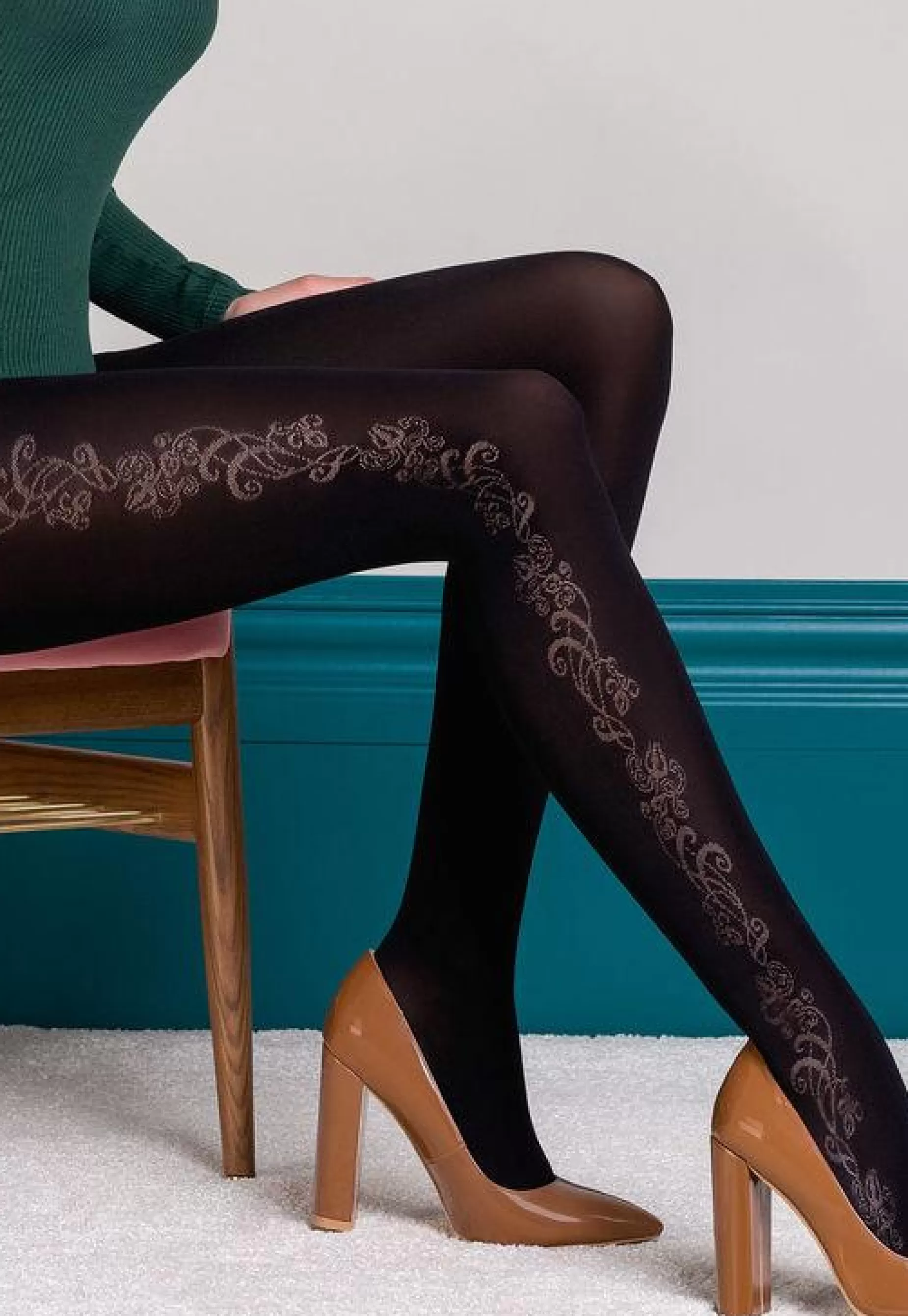Thick Tights | Gabriella Brenda Opaque Tights With Side Baroque Design By Nero: Black
