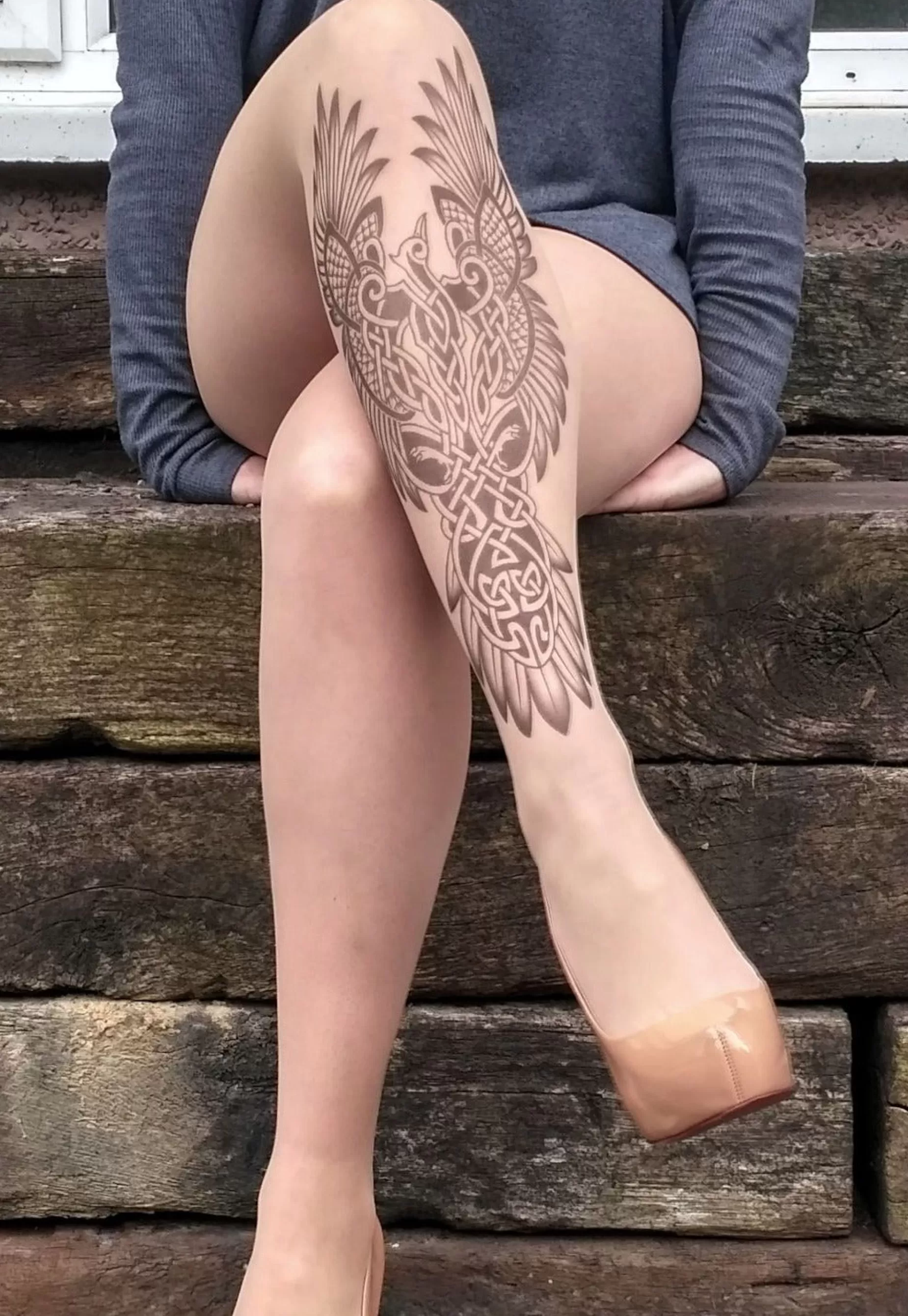 Patterned Tights | Stop & Stare Celtic Phoenix Tattoo Tights By Sun: Medium Tan With Peachy Brown Tones For A Healthy Sun Tan Effect
