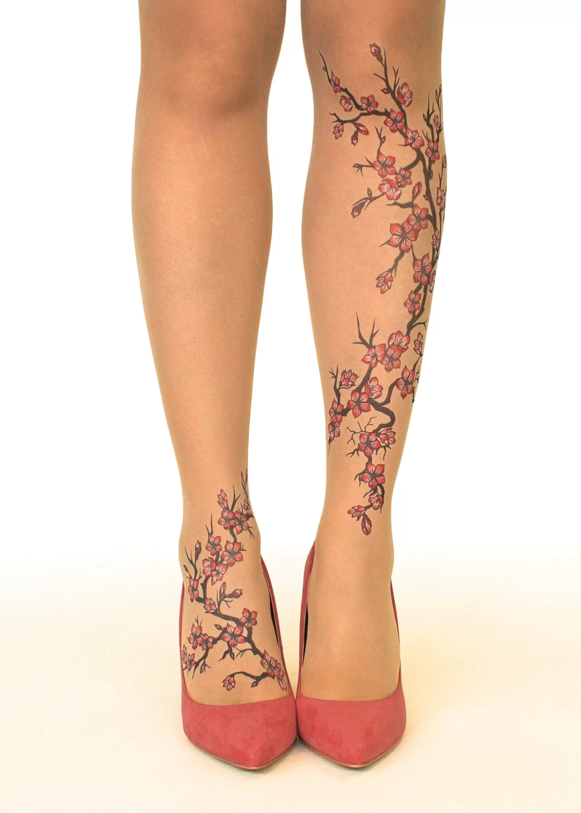 Tall Sizes | Stop & Stare Cherry Blossoms Tattoo Tights By Sun: Medium Tan With Peachy Brown Tones For A Healthy Sun Tan Effect
