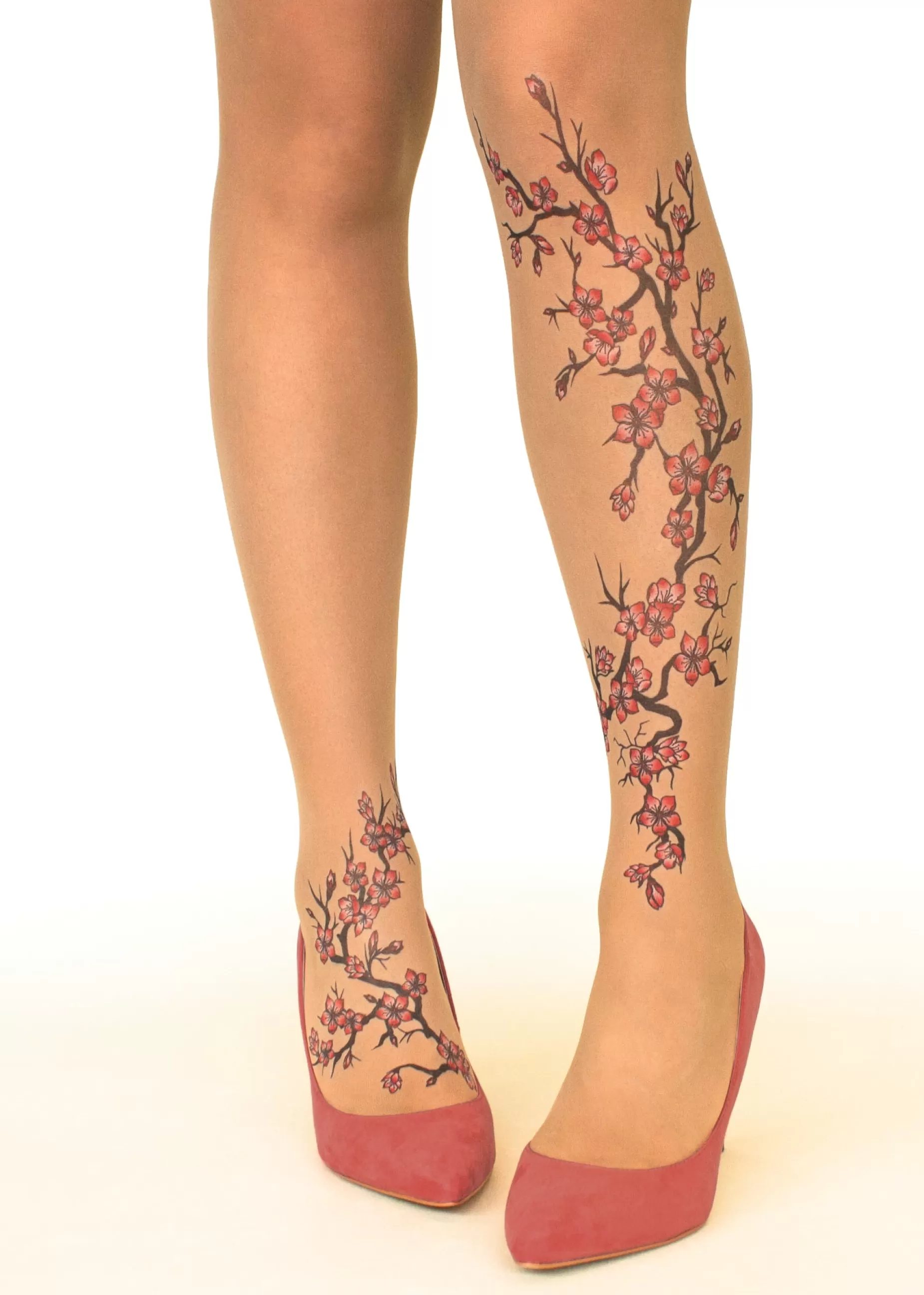 Tall Sizes | Stop & Stare Cherry Blossoms Tattoo Tights By Sun: Medium Tan With Peachy Brown Tones For A Healthy Sun Tan Effect