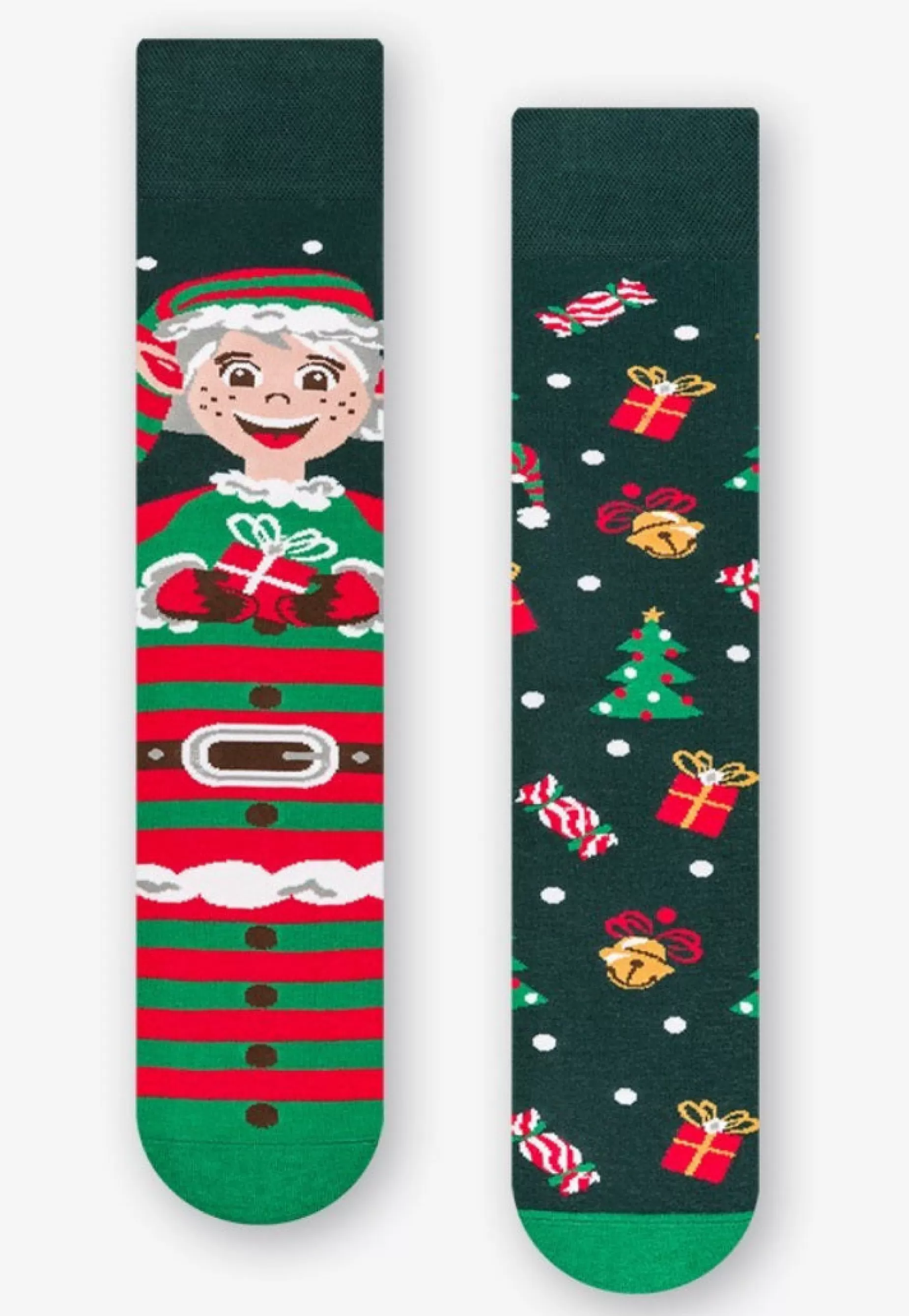 Cotton Socks | More Christmas Elf & Presents Odd Patterned Socks In By Dark Green