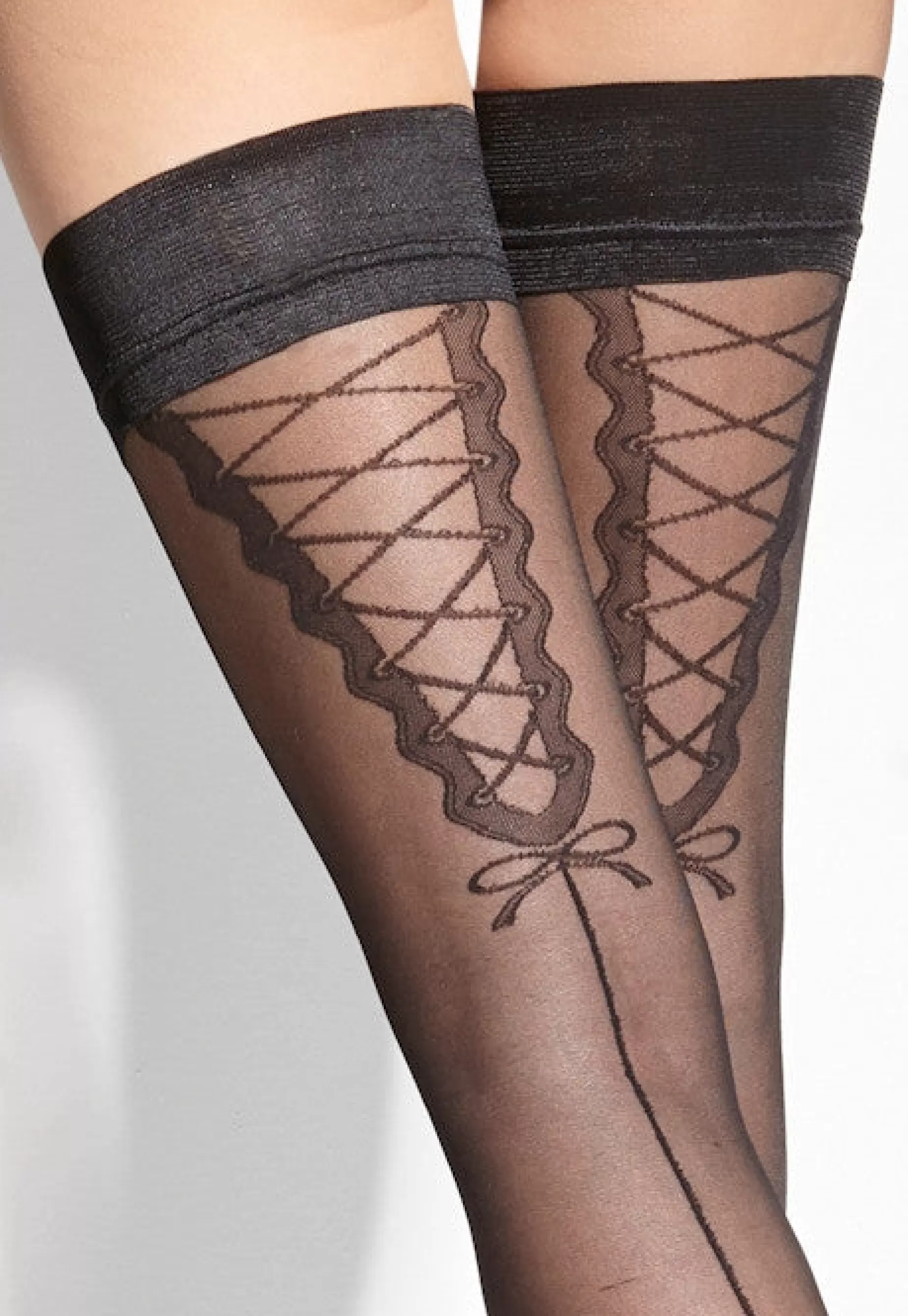 Sheer Hold-Ups | Adrian Dahlia Backseam & Lace-Up Sheer Hold-Ups By Nero: Black
