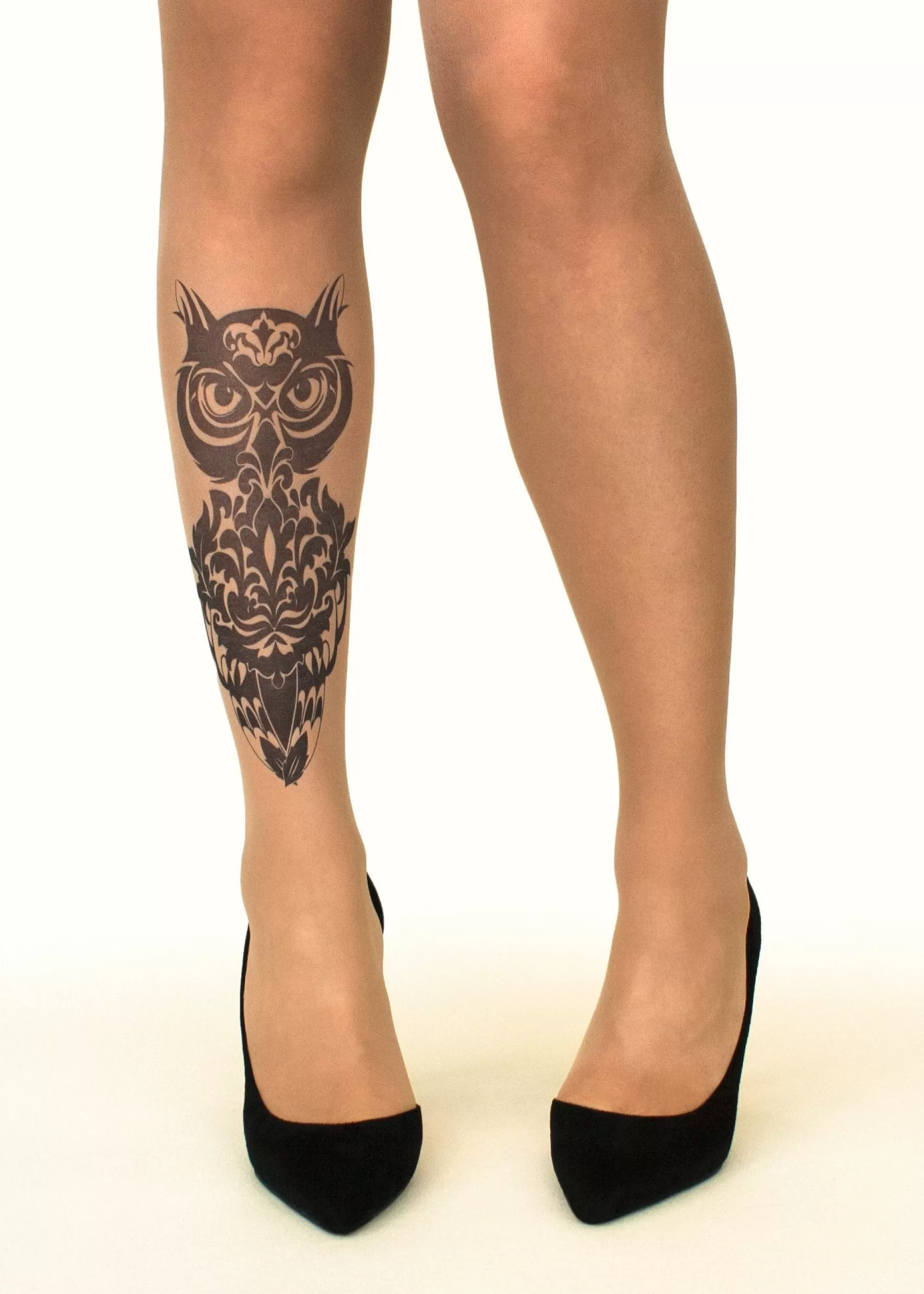 Animal Print Tights | Stop & Stare Damask Owl Tattoo Tights By Sun: Medium Tan With Peachy Brown Tones For A Healthy Sun Tan Effect
