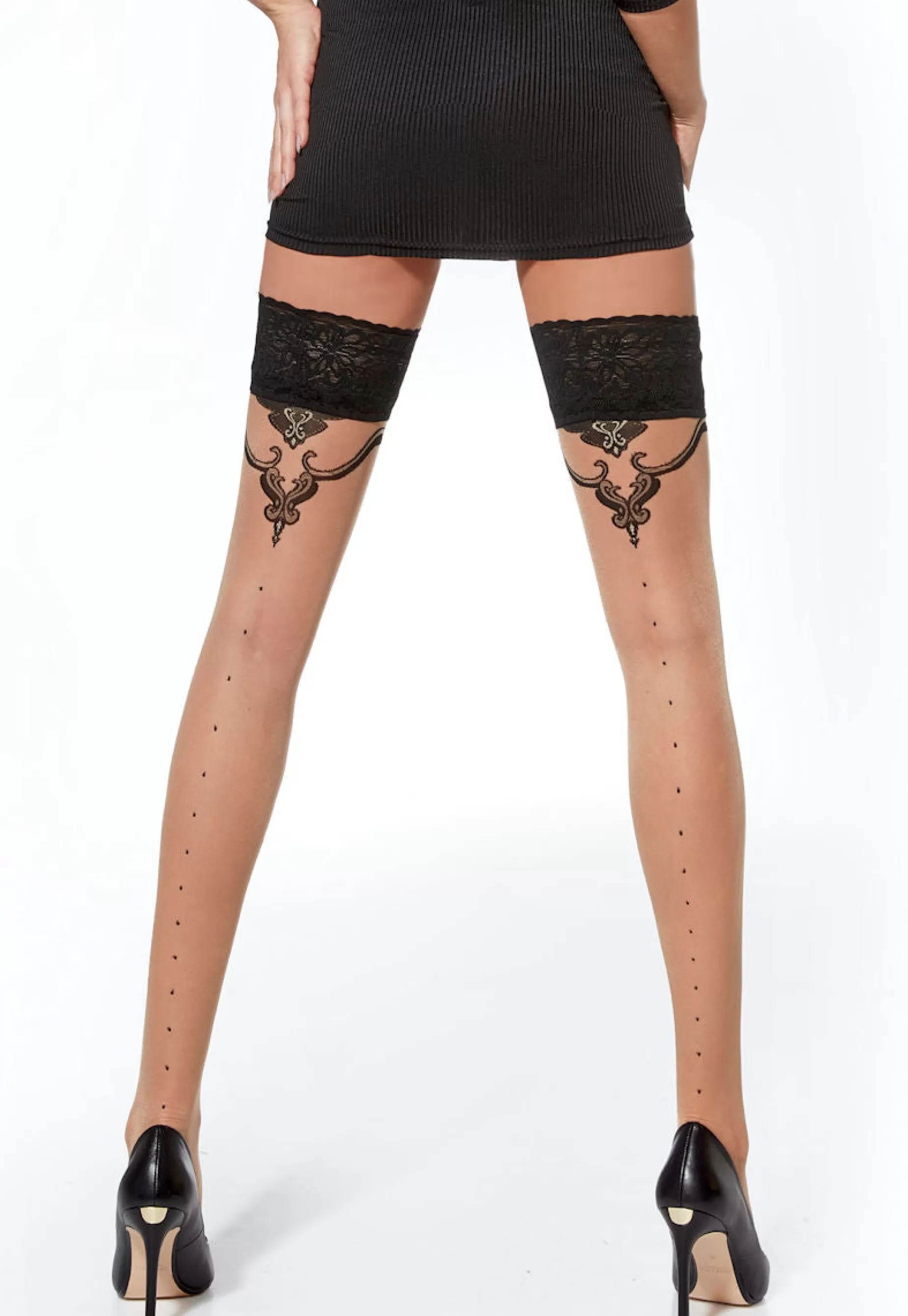 Sheer Hold-Ups | Adrian Dominique Baroque Dotted Backseam Sheer Hold-Ups By Natural: Medium Tan With Peachy Brown Tones For A Healthy Sun Tan Effect