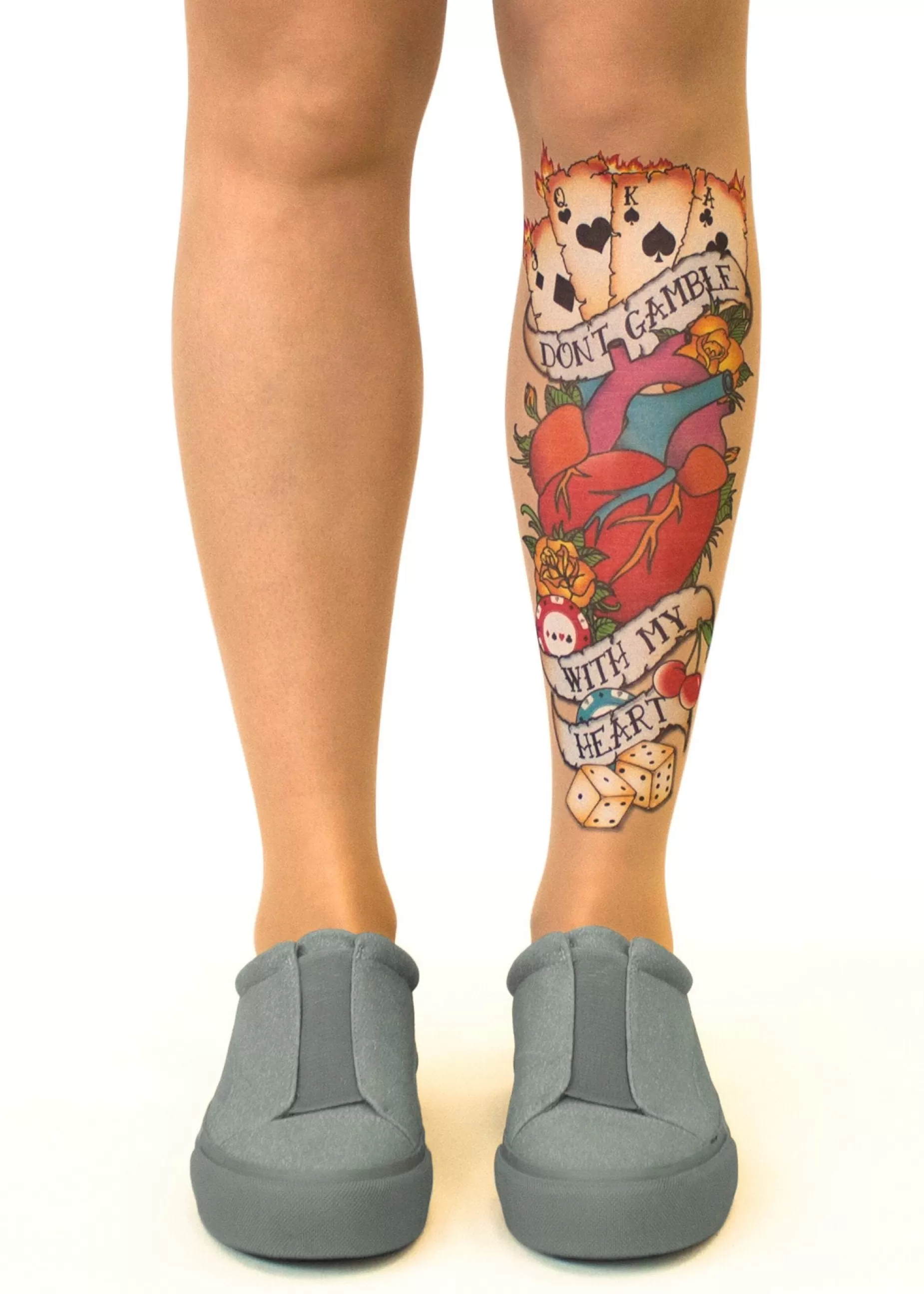 Patterned Tights | Stop & Stare Don'T Gamble Tattoo Tights By Sun: Medium Tan With Peachy Brown Tones For A Healthy Sun Tan Effect