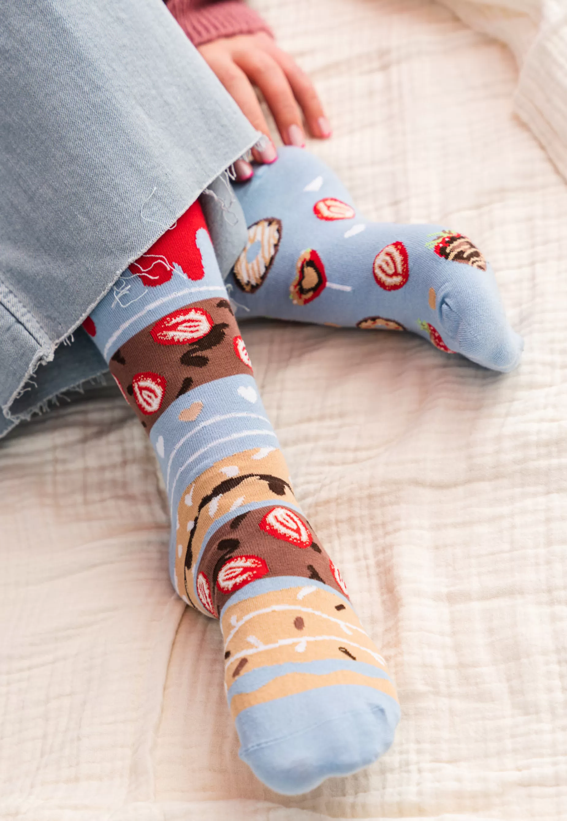 Cotton Socks | More Donuts & Strawberries Odd Patterned Socks In By Light Blue