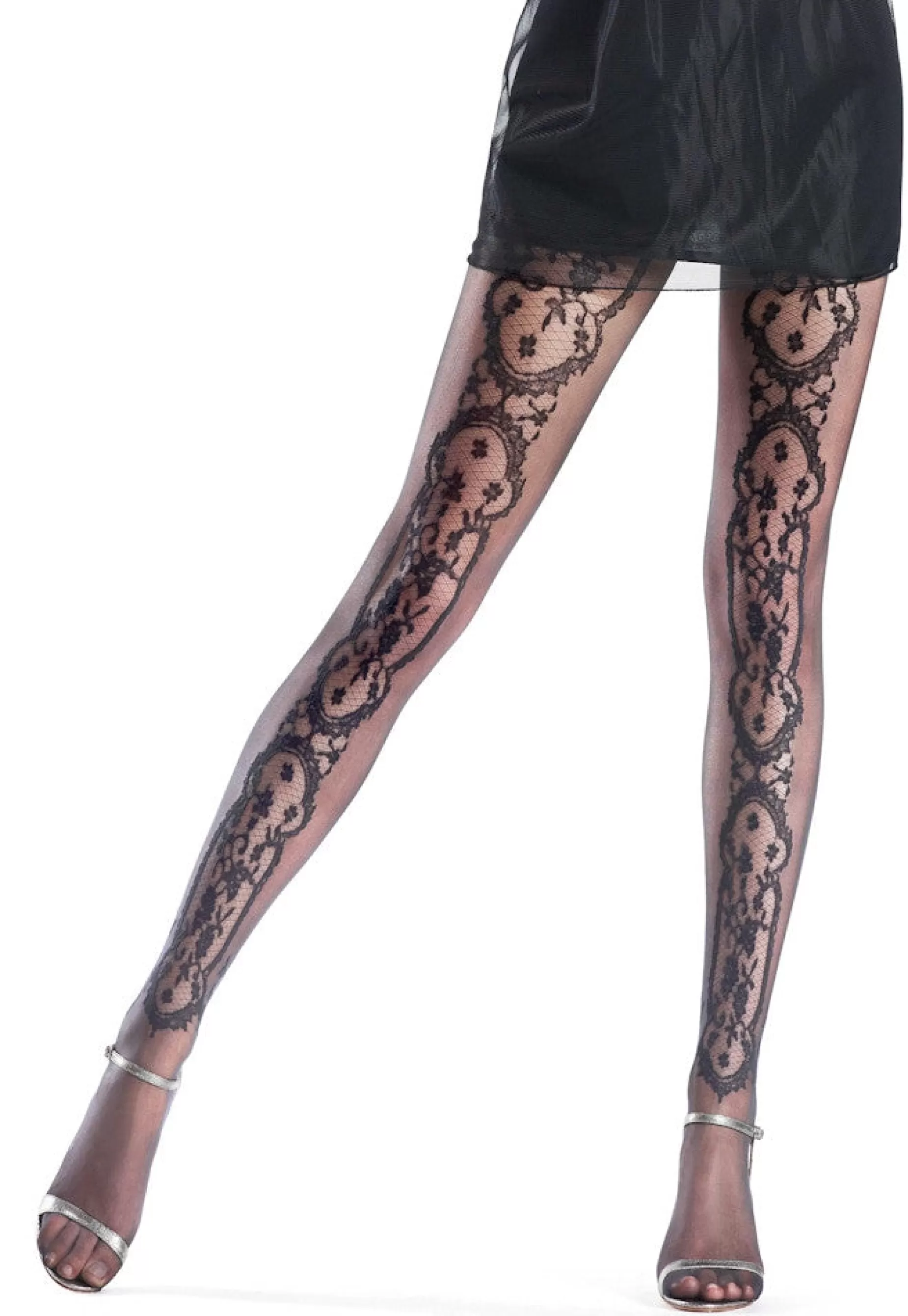 Patterned Tights | Oroblu Dreamy Lace Insert & Micro Tulle Sheer Tights By Black