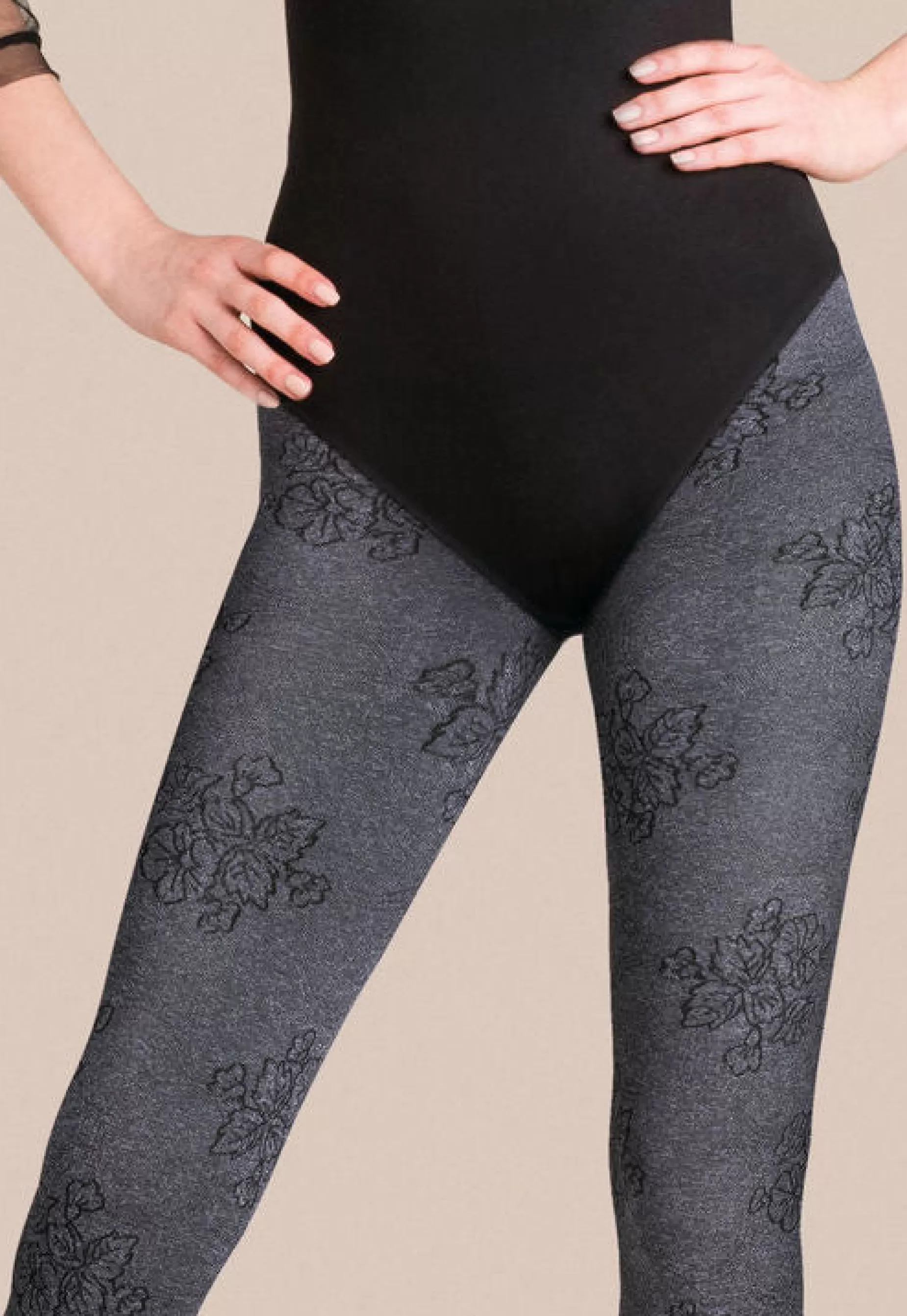 Thick Tights | Gabriella Fiona Floral Patterned Marl Opaque Tights By Grafitto Melange: Dark Grey With Marl Effect