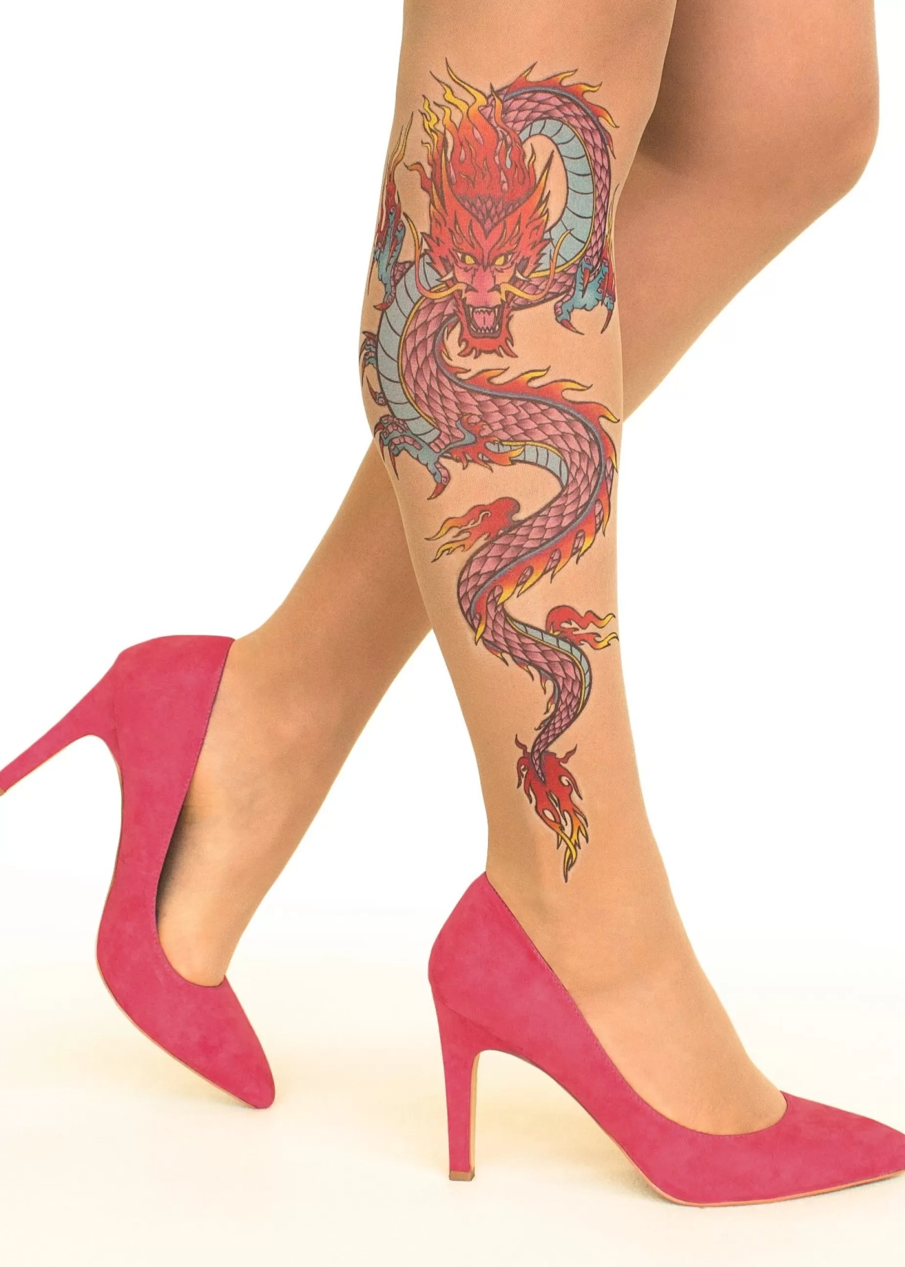 Animal Print Tights | Stop & Stare Fire Dragon Tattoo Tights By Sun: Medium Tan With Peachy Brown Tones For A Healthy Sun Tan Effect