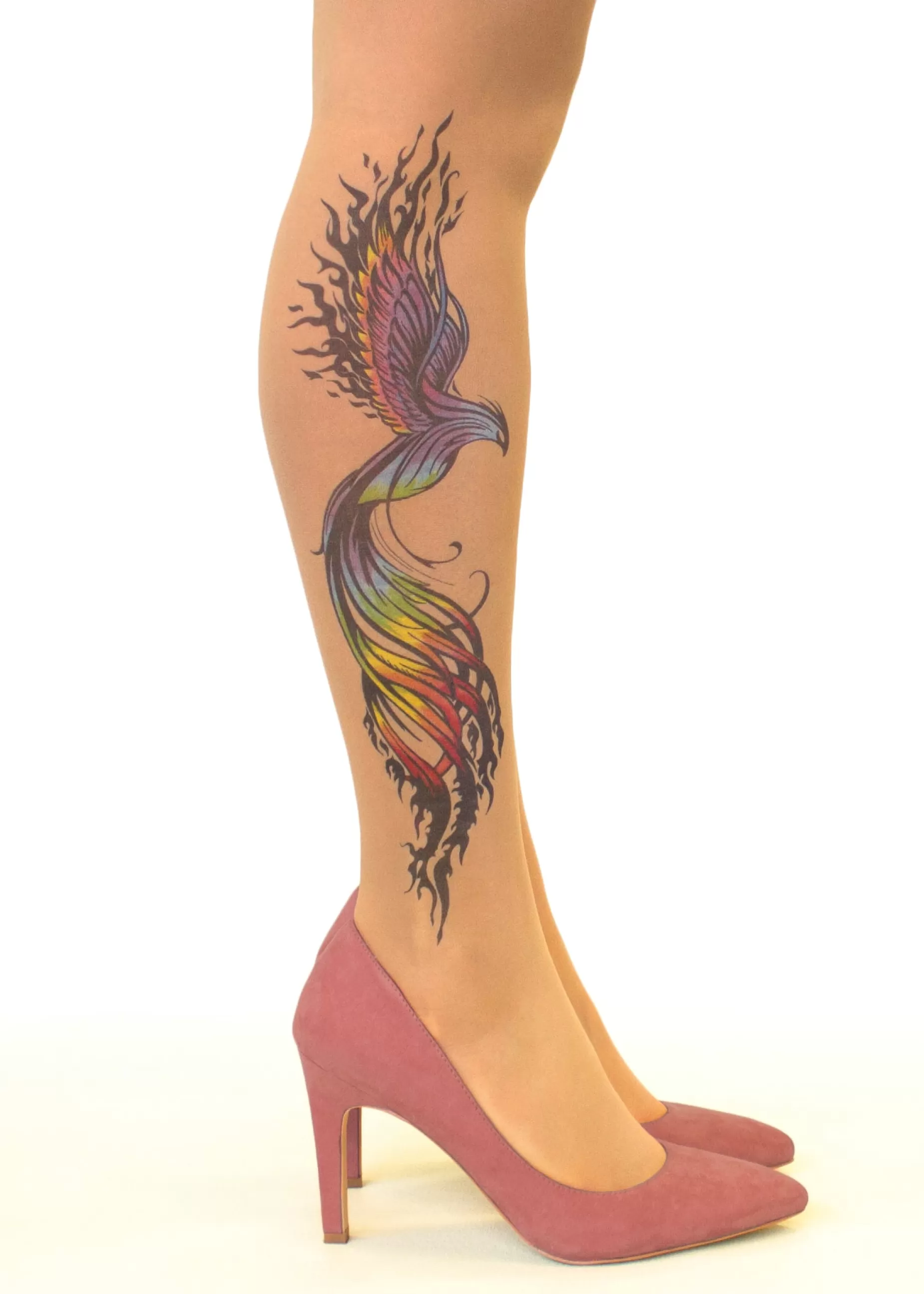 Animal Print Tights | Stop & Stare Firebird Tattoo Tights By Sun: Medium Tan With Peachy Brown Tones For A Healthy Sun Tan Effect