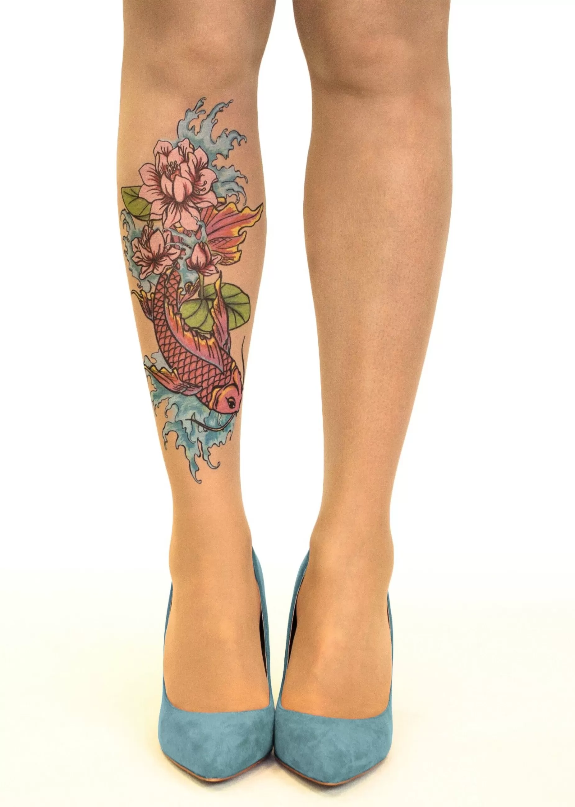 Animal Print Tights | Stop & Stare Fish N' Flowers Tattoo Tights By Sun: Medium Tan With Peachy Brown Tones For A Healthy Sun Tan Effect