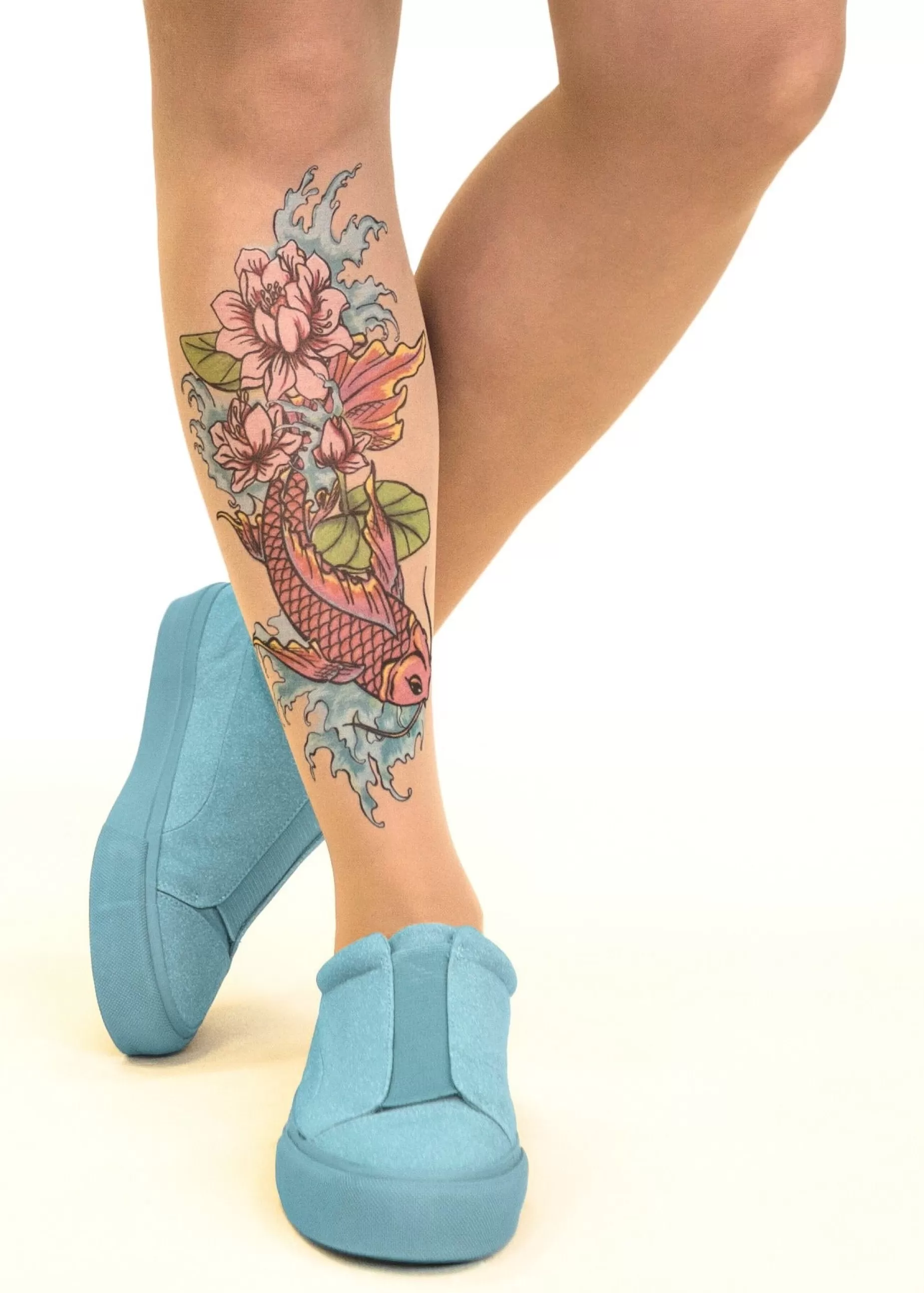 Animal Print Tights | Stop & Stare Fish N' Flowers Tattoo Tights By Sun: Medium Tan With Peachy Brown Tones For A Healthy Sun Tan Effect
