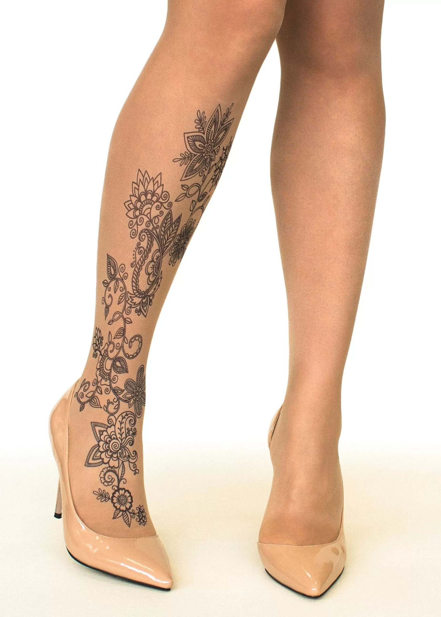 Patterned Tights | Stop & Stare Floral Henna Tattoo Tights By Sun: Medium Tan With Peachy Brown Tones For A Healthy Sun Tan Effect