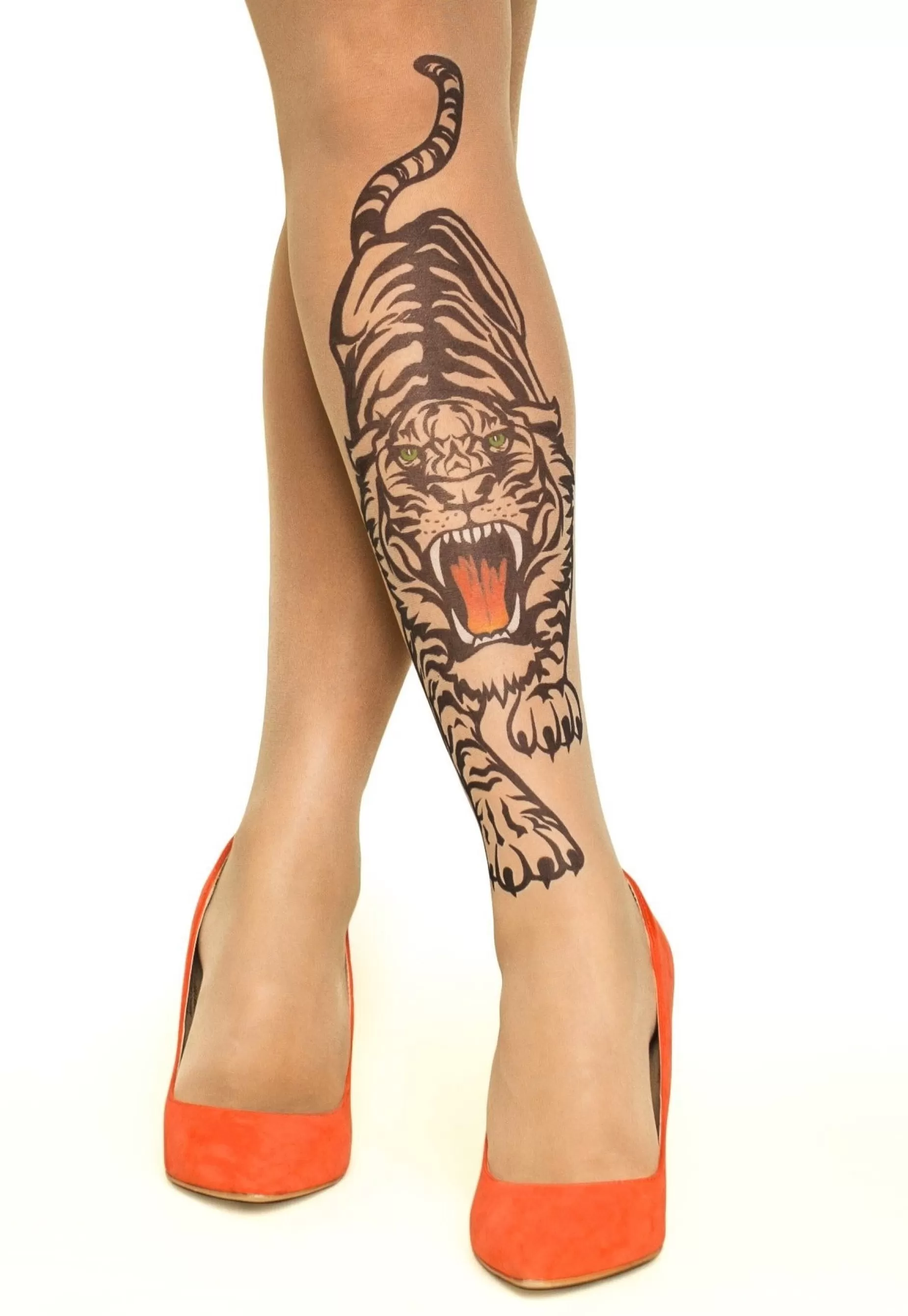Animal Print Tights | Stop & Stare Hear Me Roar Tattoo Tights By Sun: Medium Tan With Peachy Brown Tones For A Healthy Sun Tan Effect