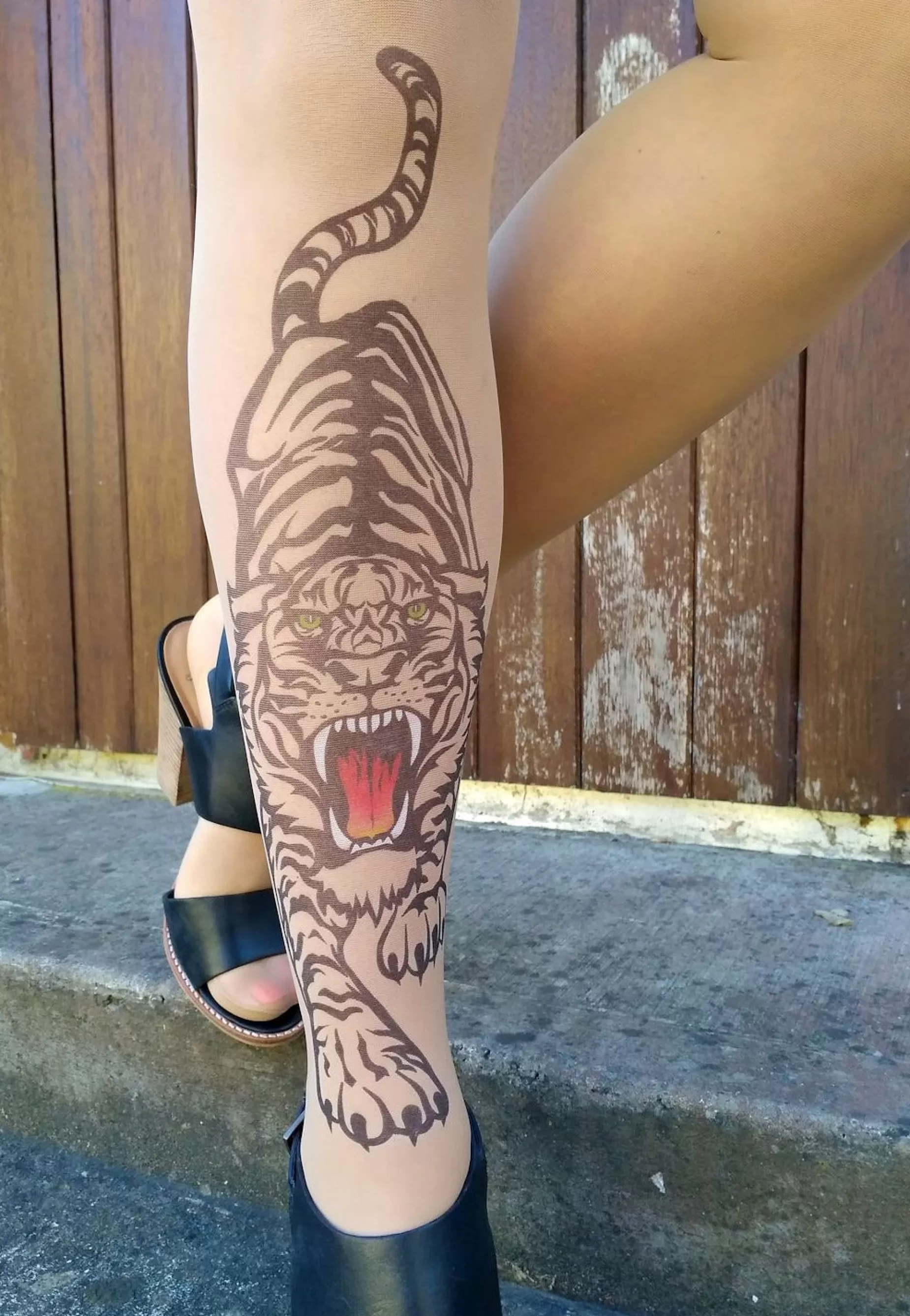 Animal Print Tights | Stop & Stare Hear Me Roar Tattoo Tights By Sun: Medium Tan With Peachy Brown Tones For A Healthy Sun Tan Effect