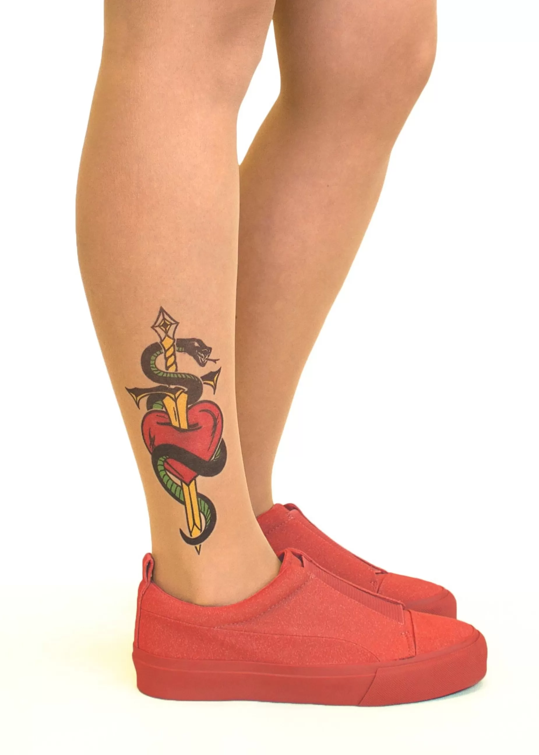 Patterned Tights | Stop & Stare Heart, Dagger & Snake Tattoo Tights By Sun: Medium Tan With Peachy Brown Tones For A Healthy Sun Tan Effect