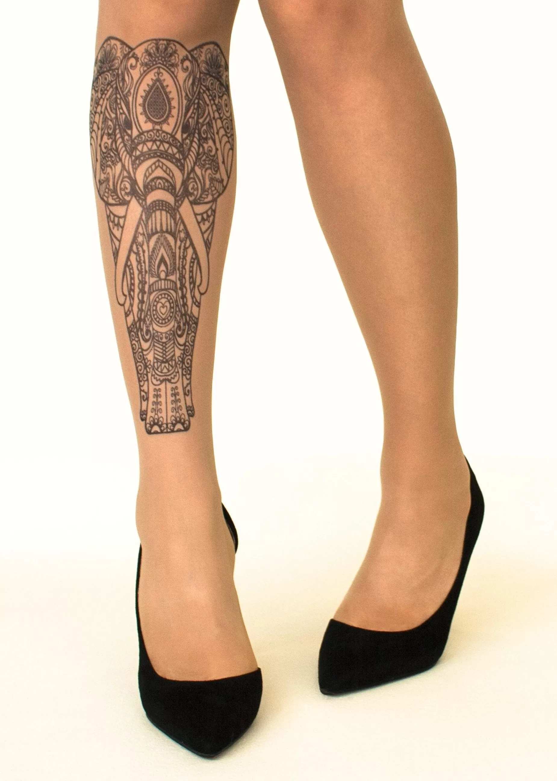 Animal Print Tights | Stop & Stare Indian Elephant Tattoo Tights By Sun: Medium Tan With Peachy Brown Tones For A Healthy Sun Tan Effect