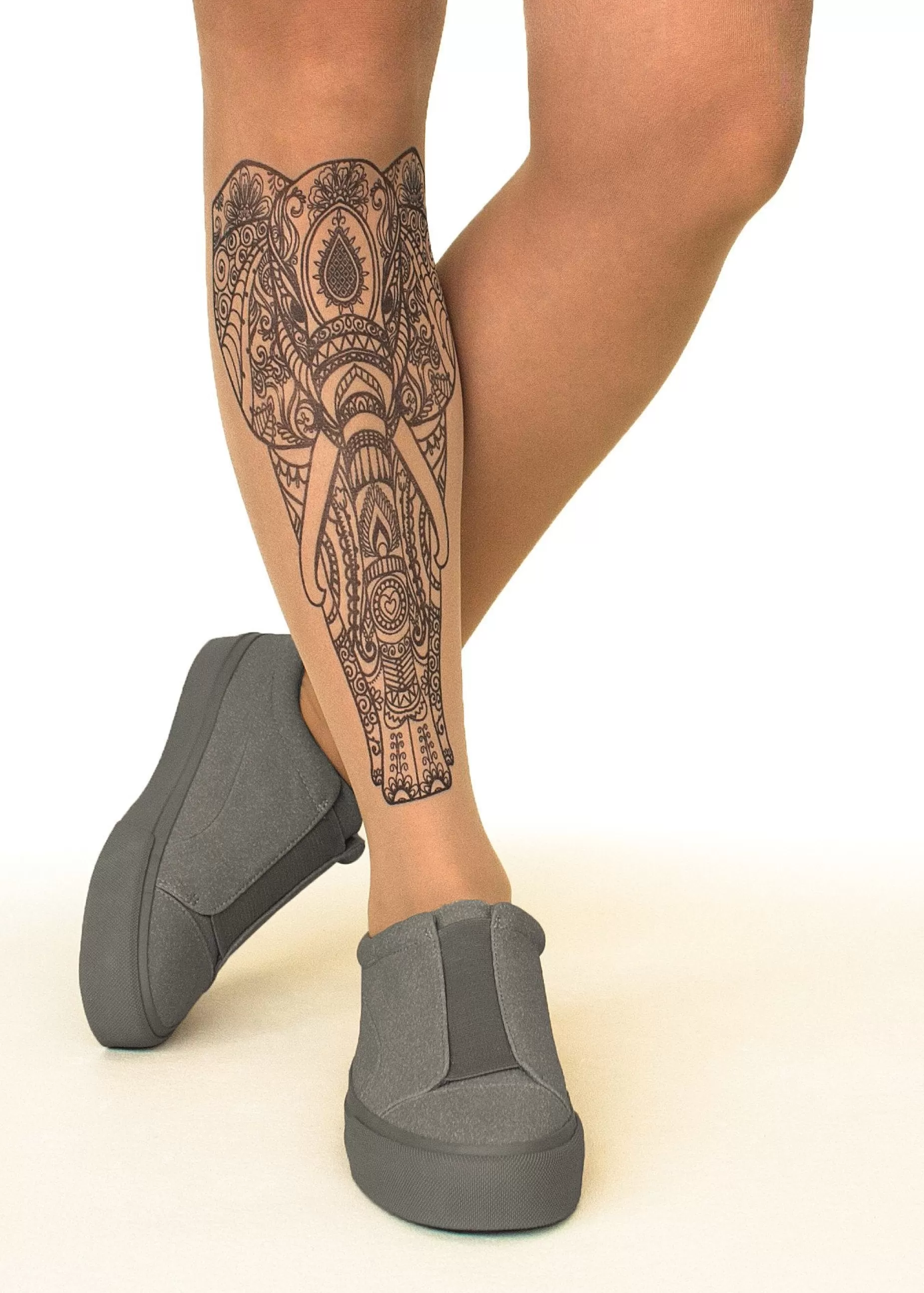 Animal Print Tights | Stop & Stare Indian Elephant Tattoo Tights By Sun: Medium Tan With Peachy Brown Tones For A Healthy Sun Tan Effect