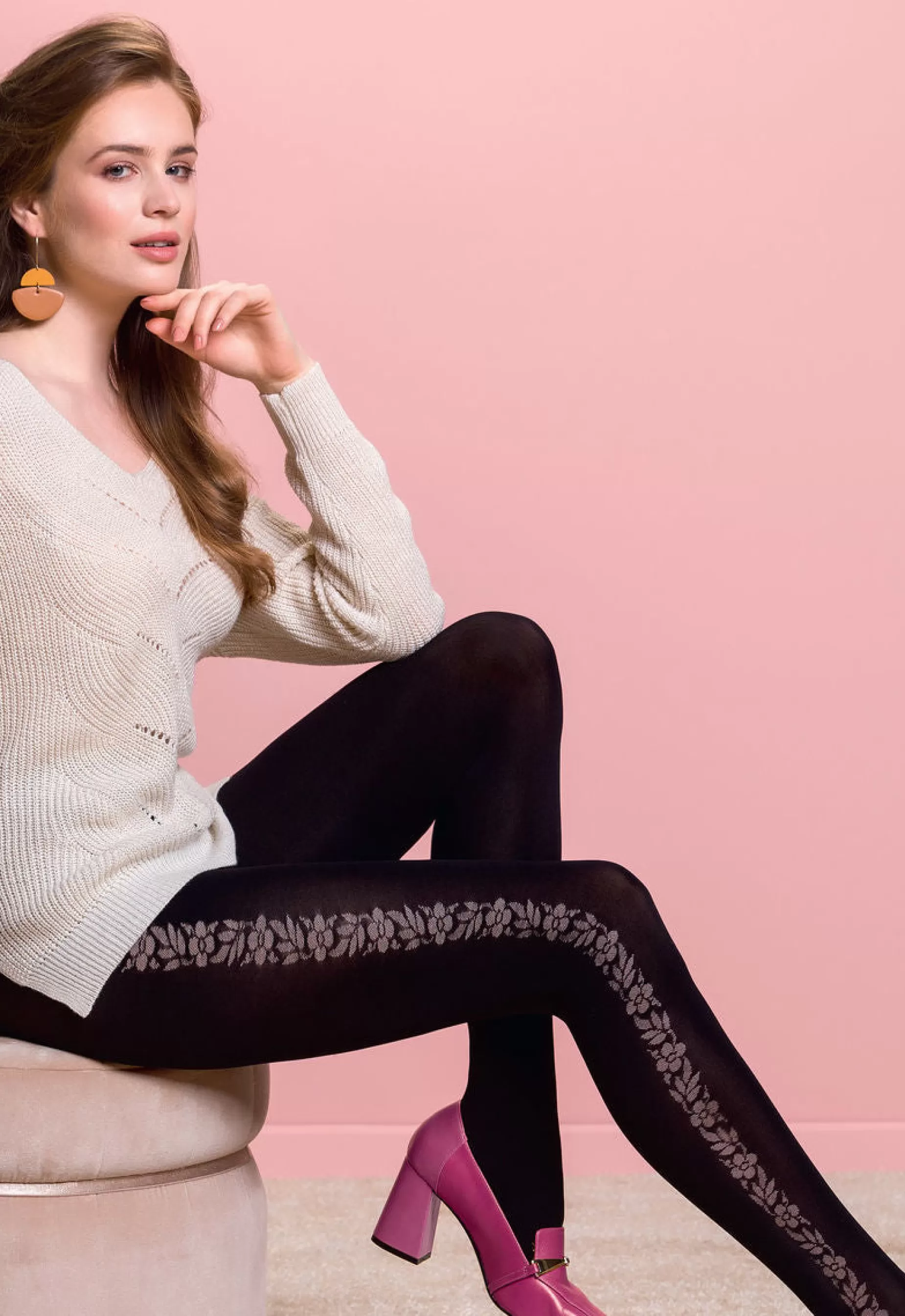 Patterned Tights | Gabriella Iris Opaque Tights With Side Floral Design By Nero: Black