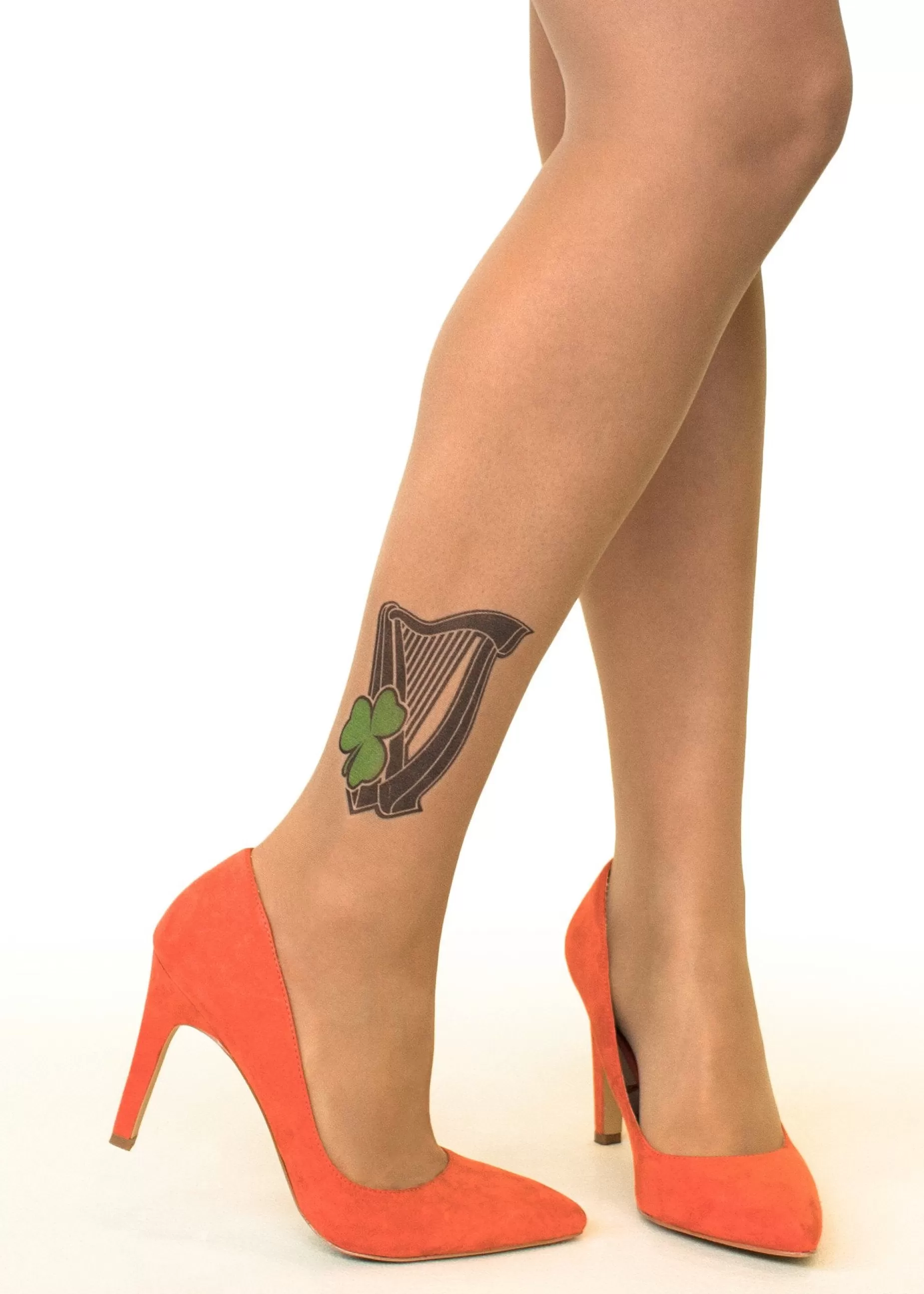 Patterned Tights | Stop & Stare Irish Harp & Shamrock Tattoo Tights By Sun: Medium Tan With Peachy Brown Tones For A Healthy Sun Tan Effect
