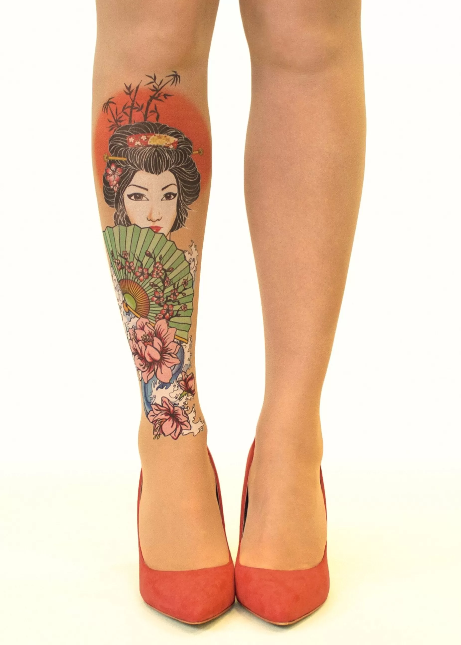 Tattoo Tights | Stop & Stare Japanese Geisha Tattoo Tights By Sun: Medium Tan With Peachy Brown Tones For A Healthy Sun Tan Effect