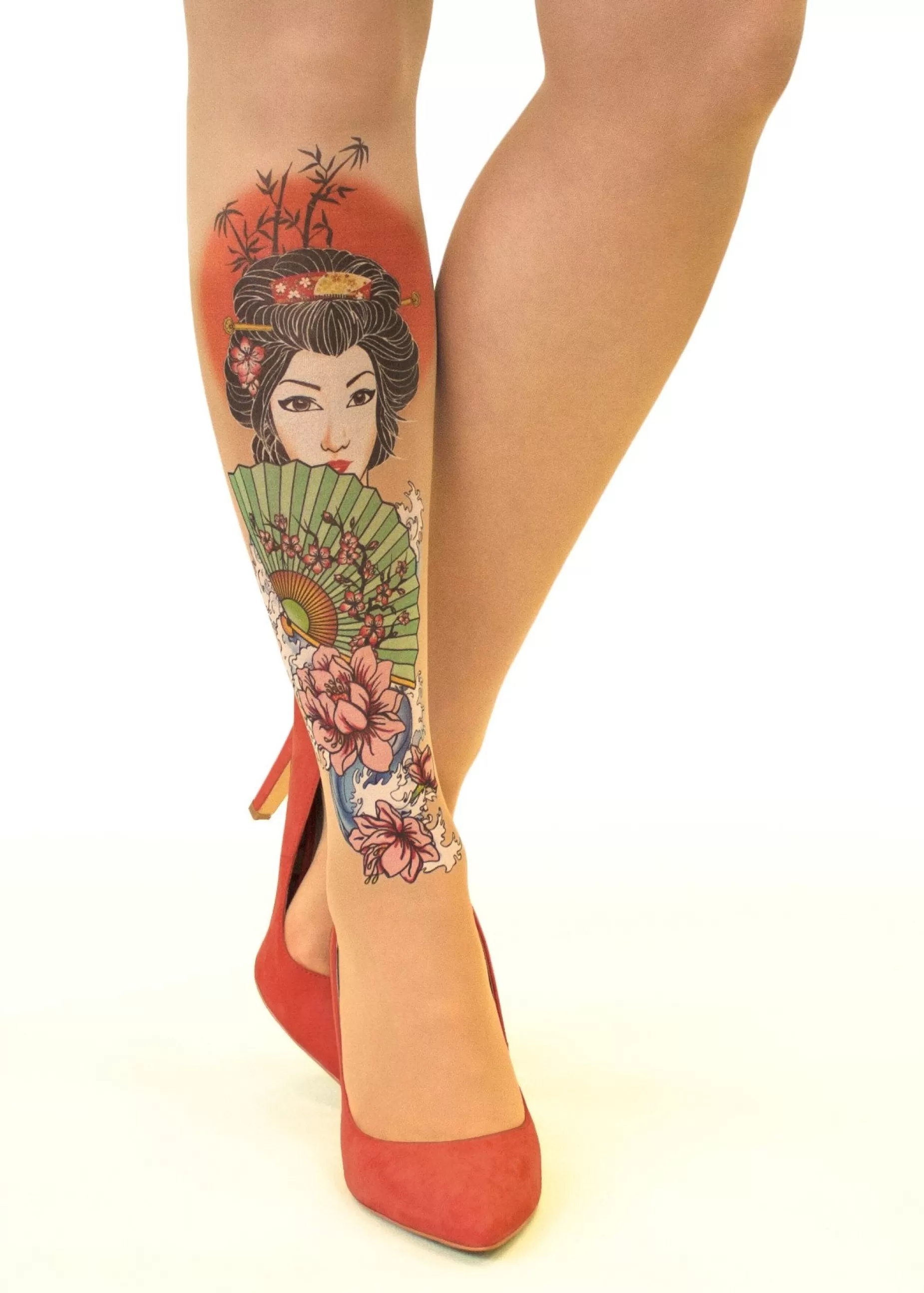 Tattoo Tights | Stop & Stare Japanese Geisha Tattoo Tights By Sun: Medium Tan With Peachy Brown Tones For A Healthy Sun Tan Effect