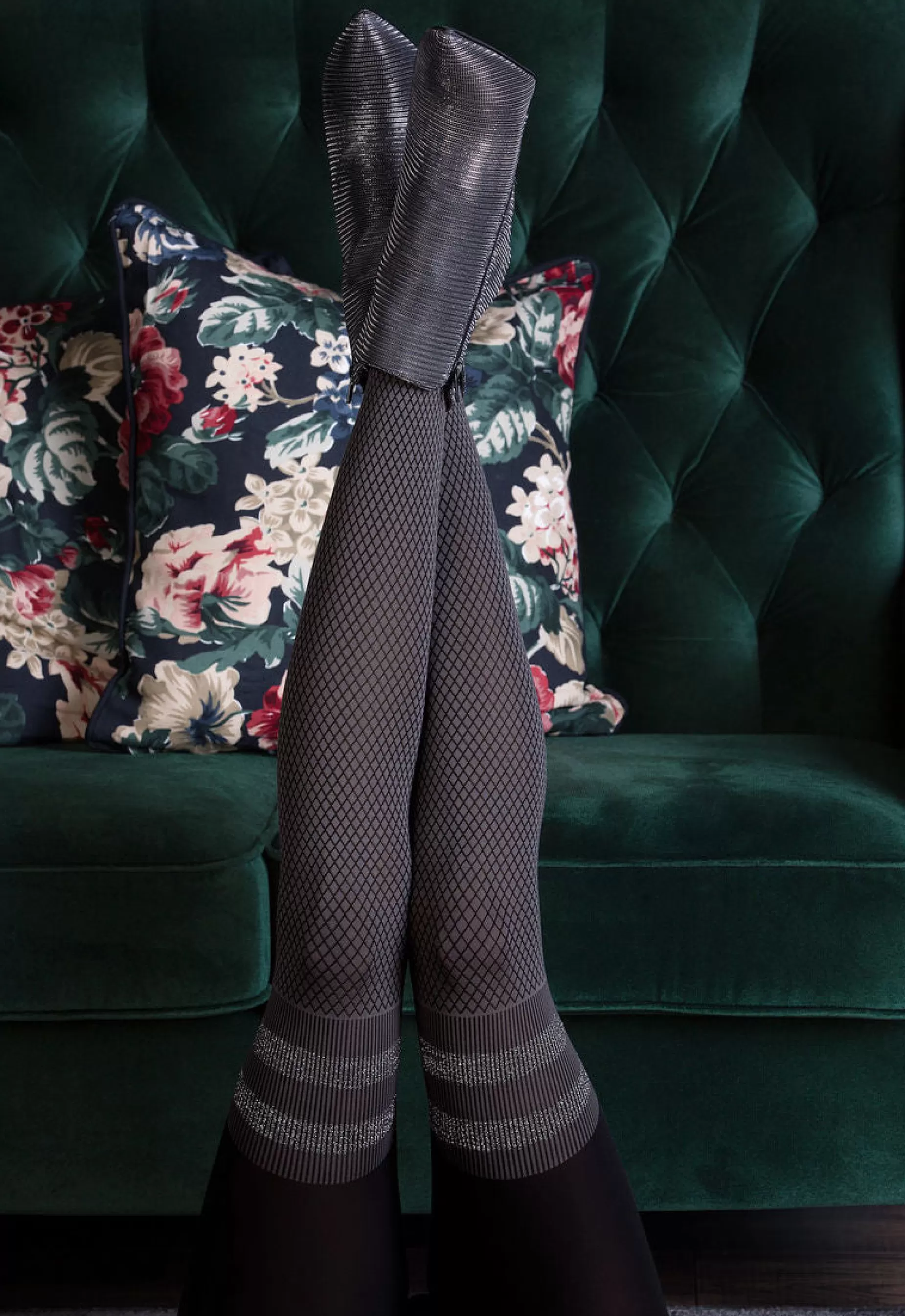 Suspender Tights | Gabriella Kate Diamond Patterned Over-Knee Sock Tights With Lurex Stripes By