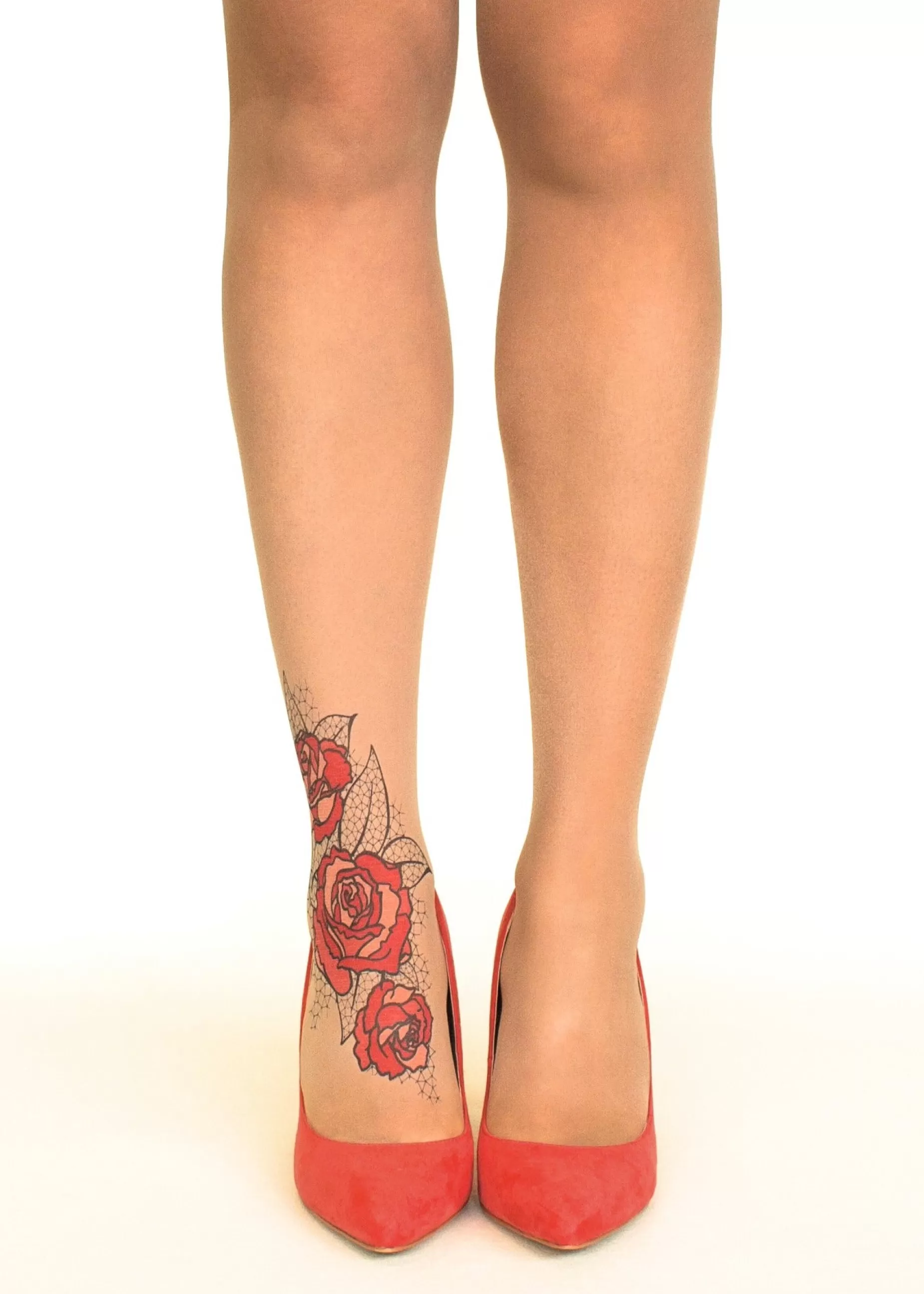 Patterned Tights | Stop & Stare Lace Roses Tattoo Tights By Sun: Medium Tan With Peachy Brown Tones For A Healthy Sun Tan Effect