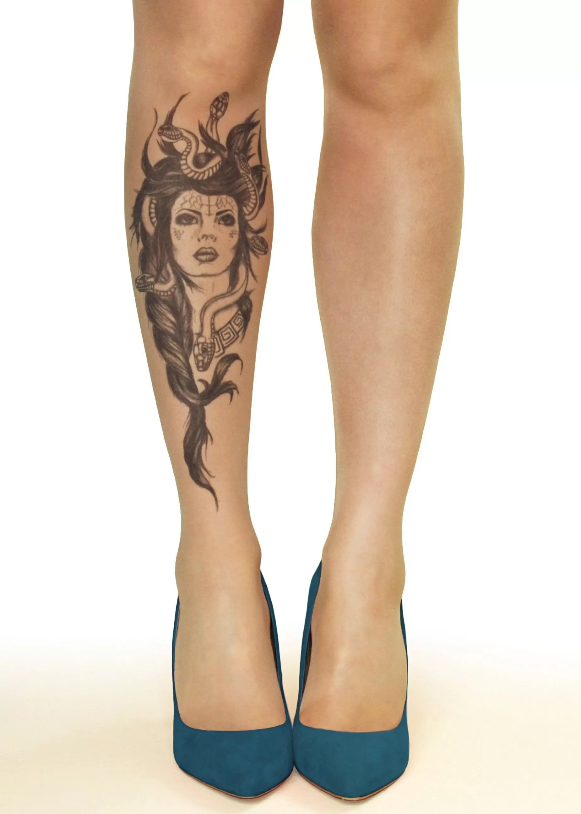 Tattoo Tights | Stop & Stare Medusa Head Tattoo Tights By Sun: Medium Tan With Peachy Brown Tones For A Healthy Sun Tan Effect