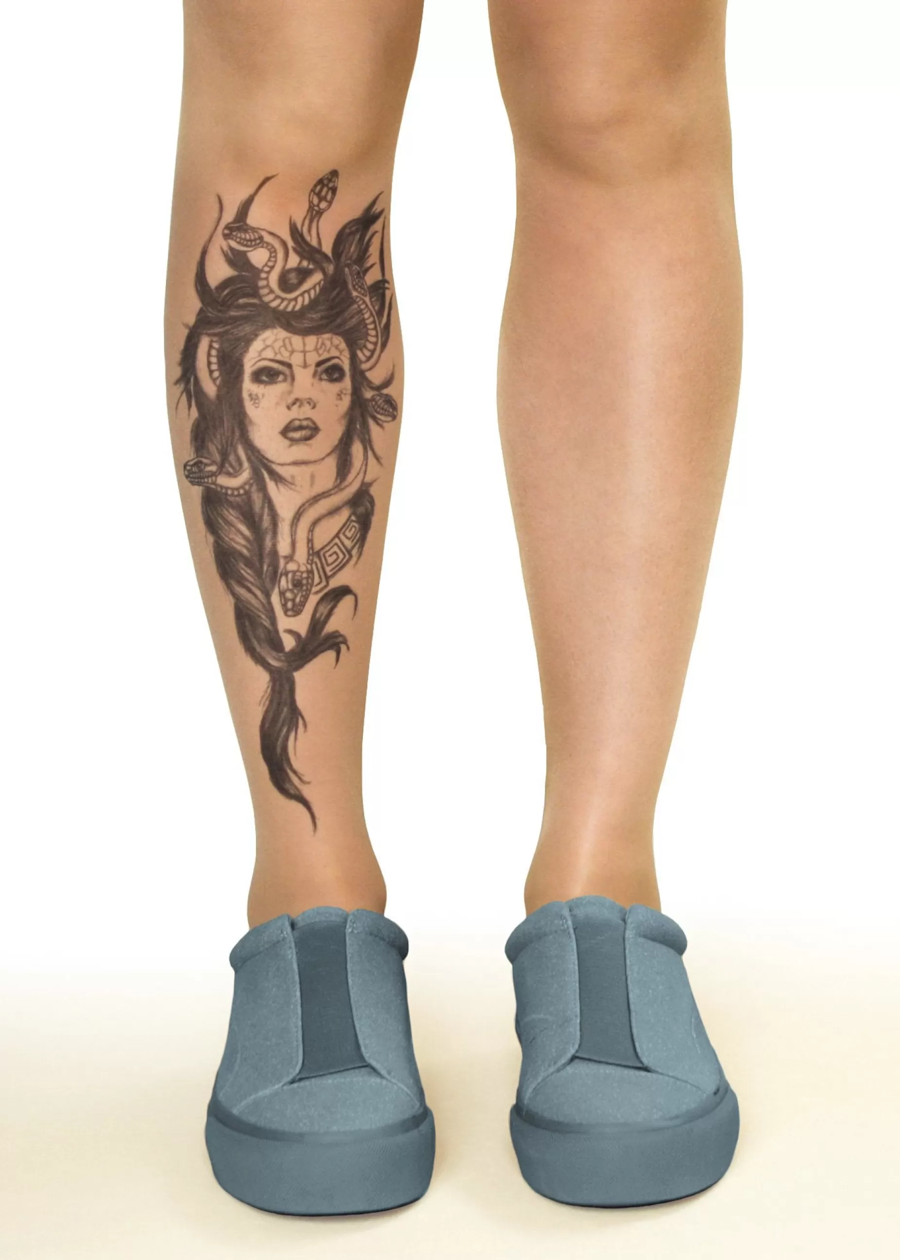 Patterned Tights | Stop & Stare Medusa Head Tattoo Tights By Sun: Medium Tan With Peachy Brown Tones For A Healthy Sun Tan Effect