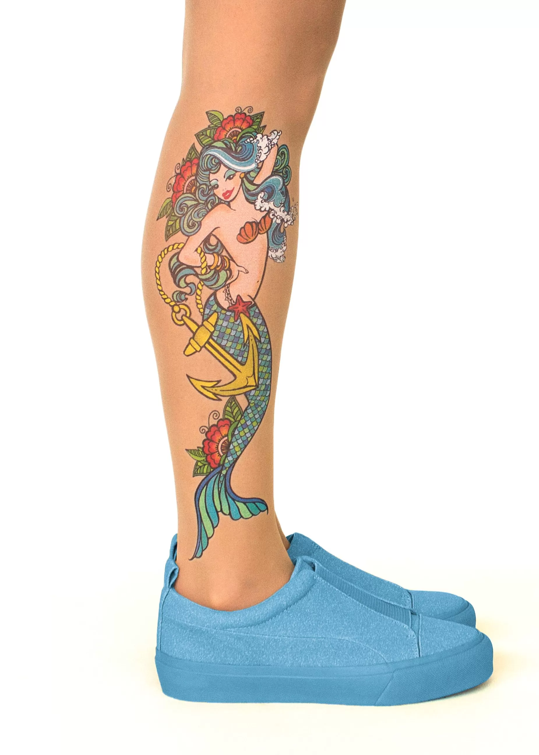 Patterned Tights | Stop & Stare Mermaid Spell Tattoo Tights By Sun: Medium Tan With Peachy Brown Tones For A Healthy Sun Tan Effect