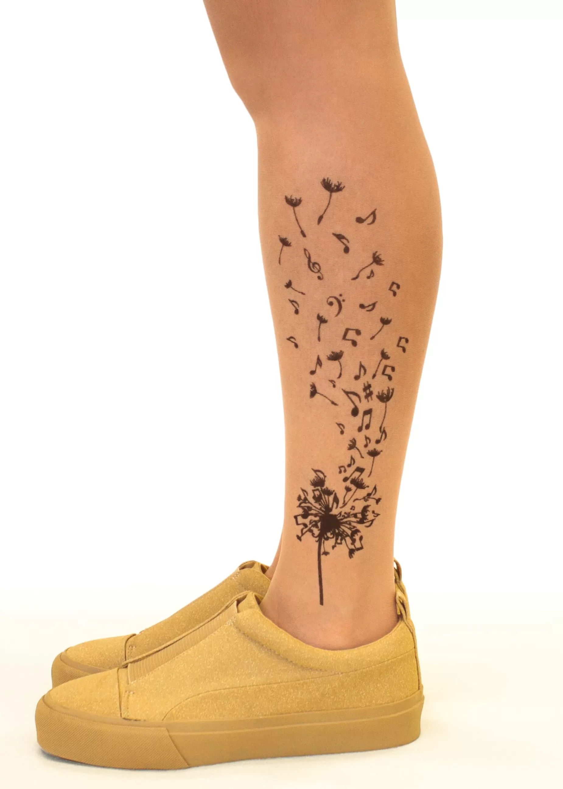 Patterned Tights | Stop & Stare Musical Dandelion Tattoo Tights By Sun: Medium Tan With Peachy Brown Tones For A Healthy Sun Tan Effect