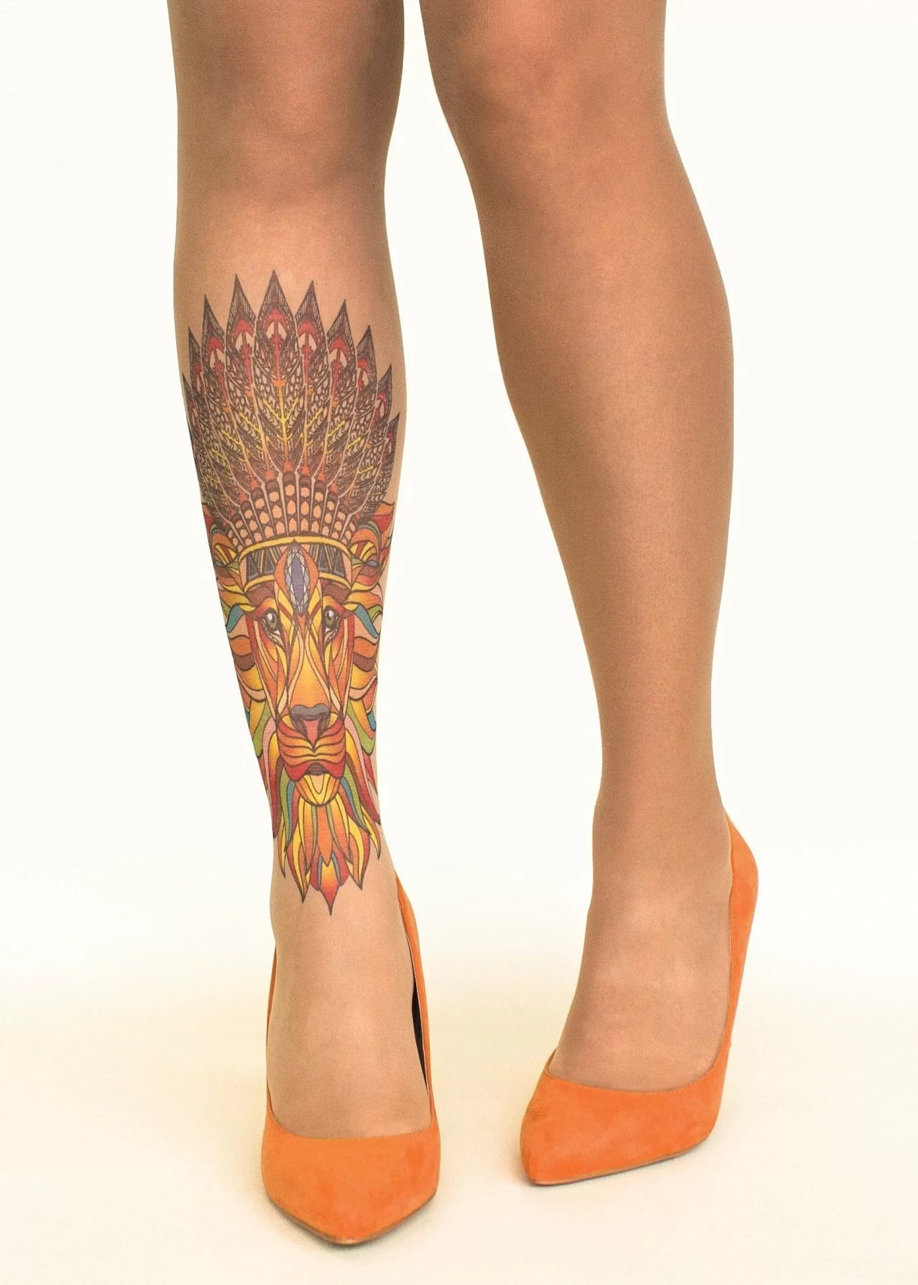 Animal Print Tights | Stop & Stare Native King Tattoo Tights By Sun: Medium Tan With Peachy Brown Tones For A Healthy Sun Tan Effect