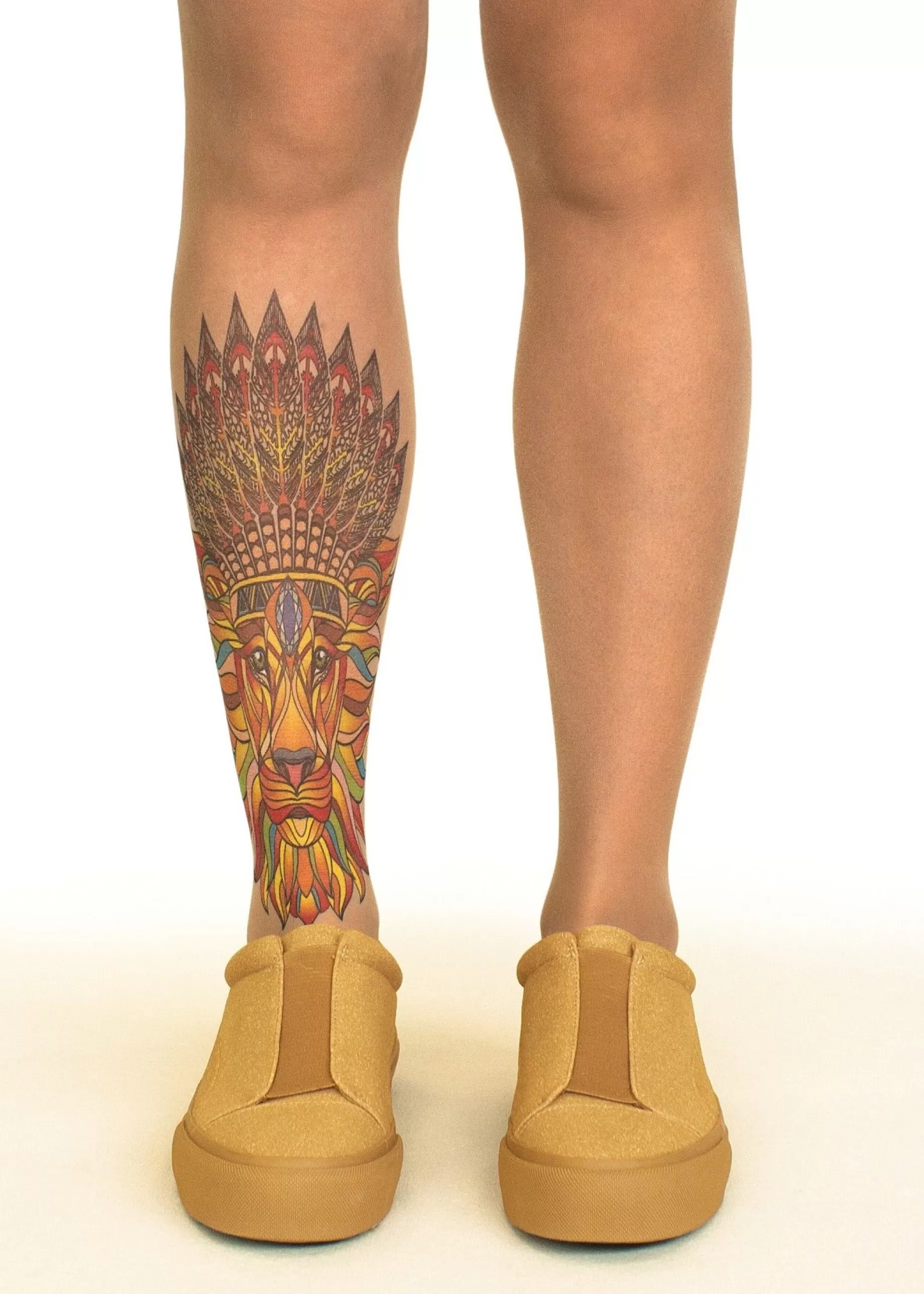 Animal Print Tights | Stop & Stare Native King Tattoo Tights By Sun: Medium Tan With Peachy Brown Tones For A Healthy Sun Tan Effect