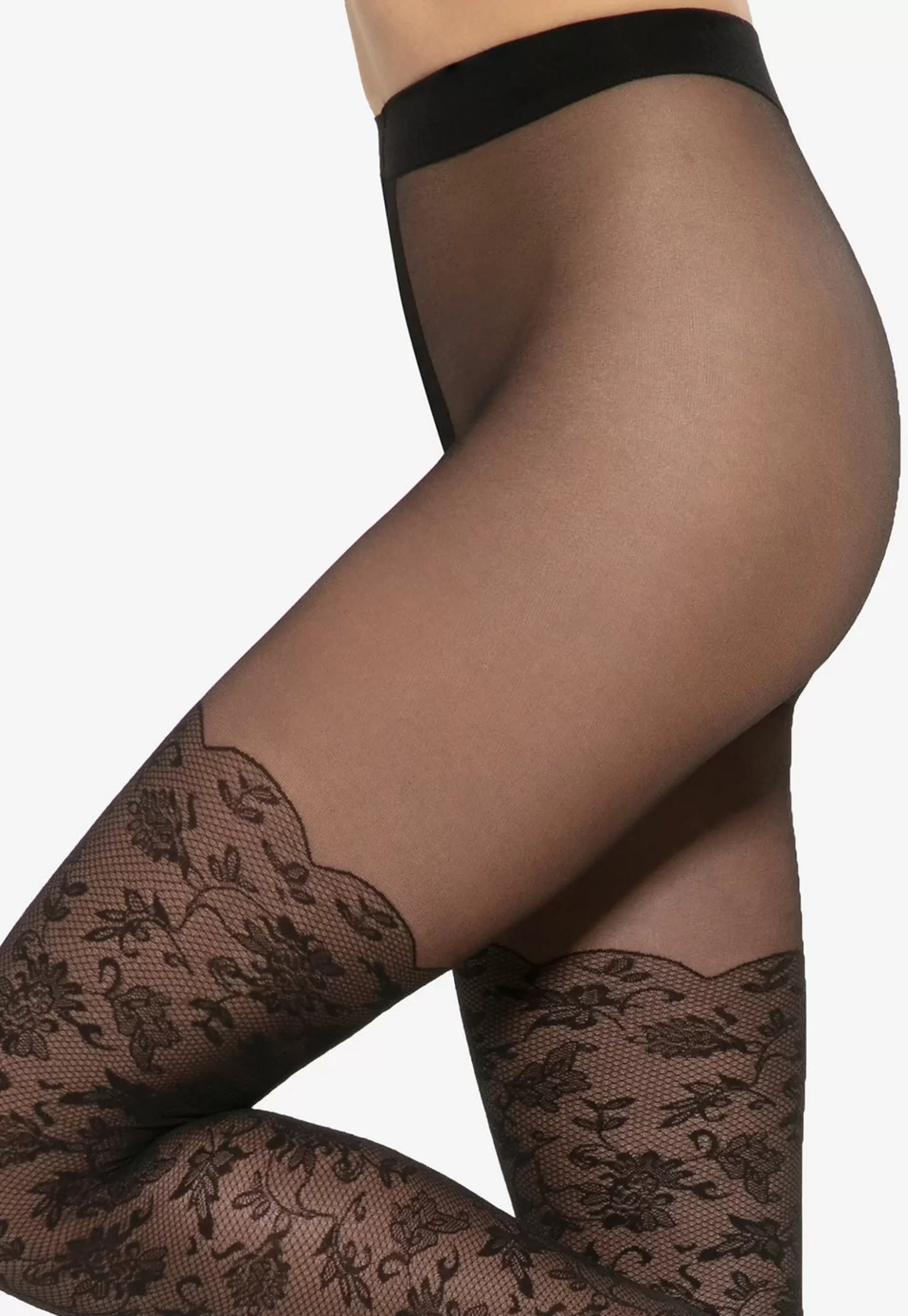 Lace & Fishnet Tights | Gatta Pasione 03 Floral Patterned Hold-Up Sheer Tights By Nero: Black